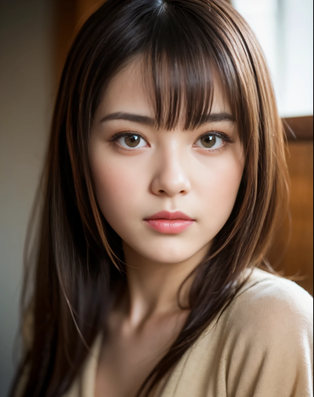 highest quality, face focus, soft light, ultra high resolution, (realistic:1.4), RAW photo,
1 japanese girl, alone, cute, (pupil, light in the eyes), detailed beautiful face, (),(High resolution details of human skin texture),
(long hair),
indoor,
damask shirt dress,
(portrait)