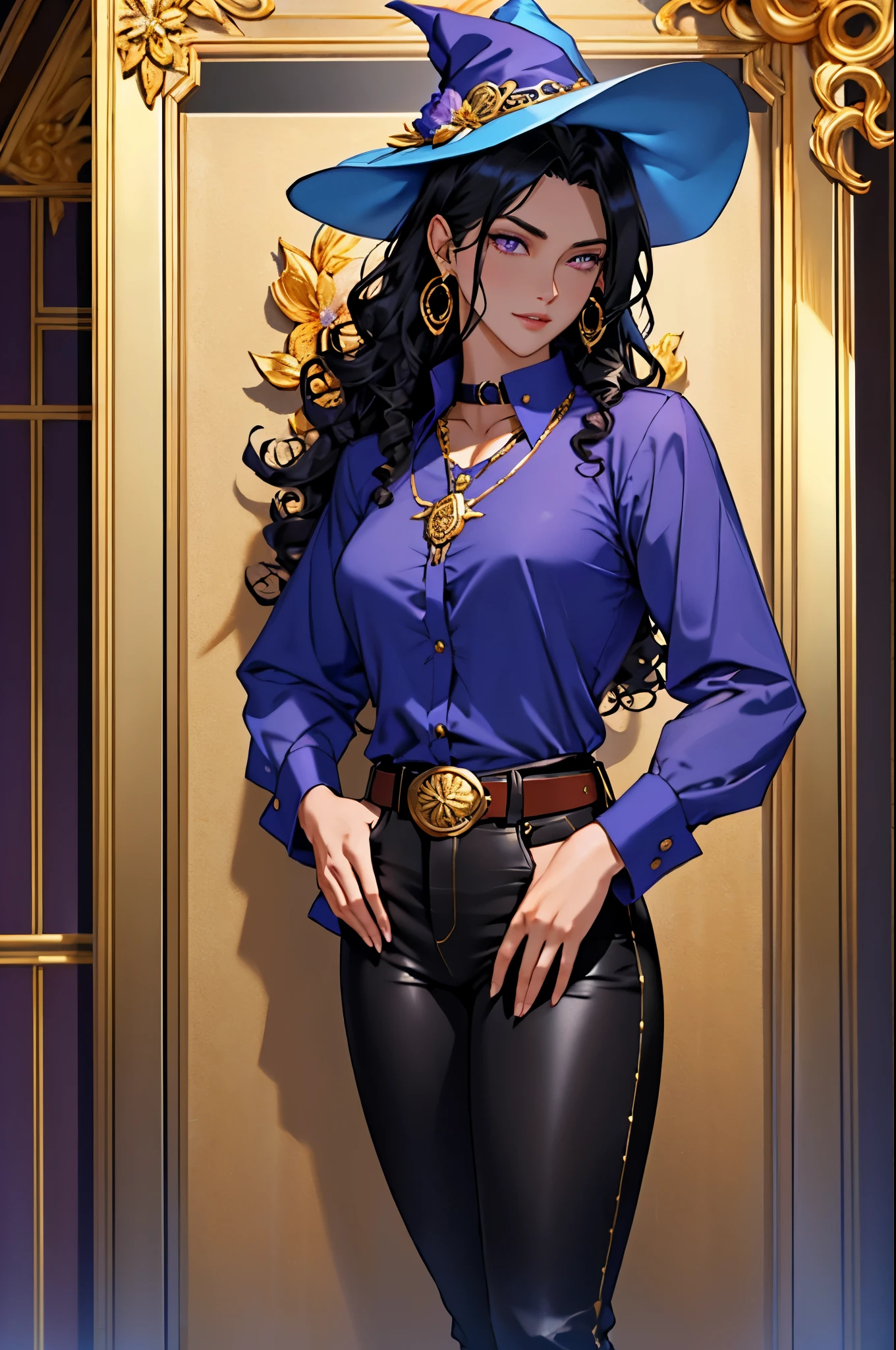 solo,woman,human female, 1girl,((black hair, long hair, curly hair)), (fair skin), young adult, slender body, Purple eyes, blue pupils, detailed hair, detailed face, detailed eyes, detailed undershirt, tight shirt, long sleeve shirt, full body, skin tight pants, collar, flower accents, blue rooses, gold buttons, flower earrings, button up shirt, necklace, gold trim collar, wizard hat, grand fantasy hall,(masterpiece,high quality, hi res, 8k hd),close-view portrait, looking at viewer, night, indoor, standing, belt buckle, pants, 