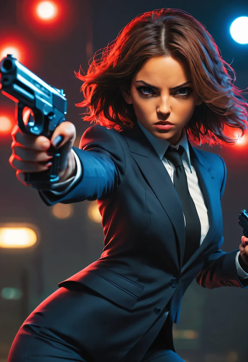  8k, super detailed, precise, best quality, Domestic 007，black suit，Cute, slim, young and hot female agent, struggle, (wearing a suit:1.2), holding a gun, San Diego Red Circle, red light and blue light, Very detailed, Ray tracing, number, concept art, Smooth, sharp focus, illustration, Katsuya Terada's work, Murata Art Series, The Art of Ajman, Juni&#39;artwork, 