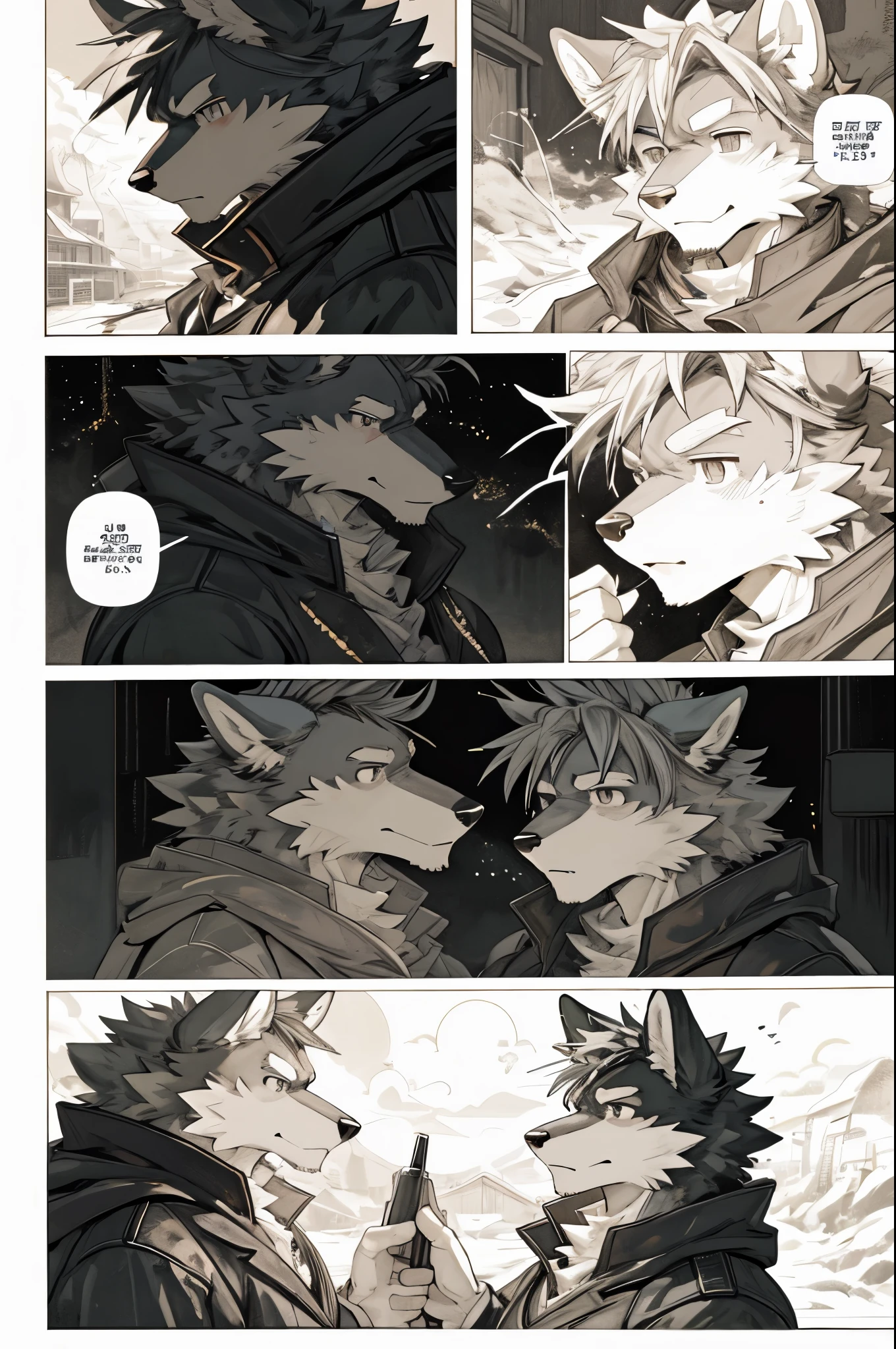 top quality, best quality, highres, unparalleled masterpiece, perfect artwork, paid reward available, indoor, couple of comics(super cute 1girl, 1wolf, kemono, furry anthro)tumblr, sosaku hanga, black and white manga page, manga page, doujin, ddlc, anime, comedy comic, black and white manga panel, zerochan,