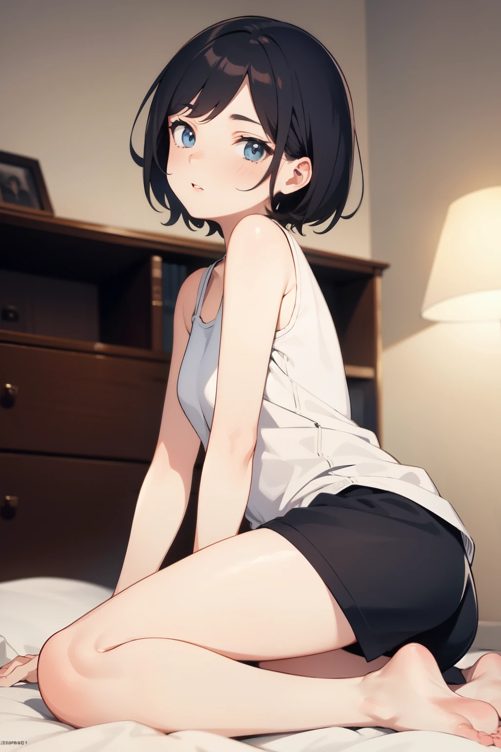 Adult tomboy with short hair, bedroom