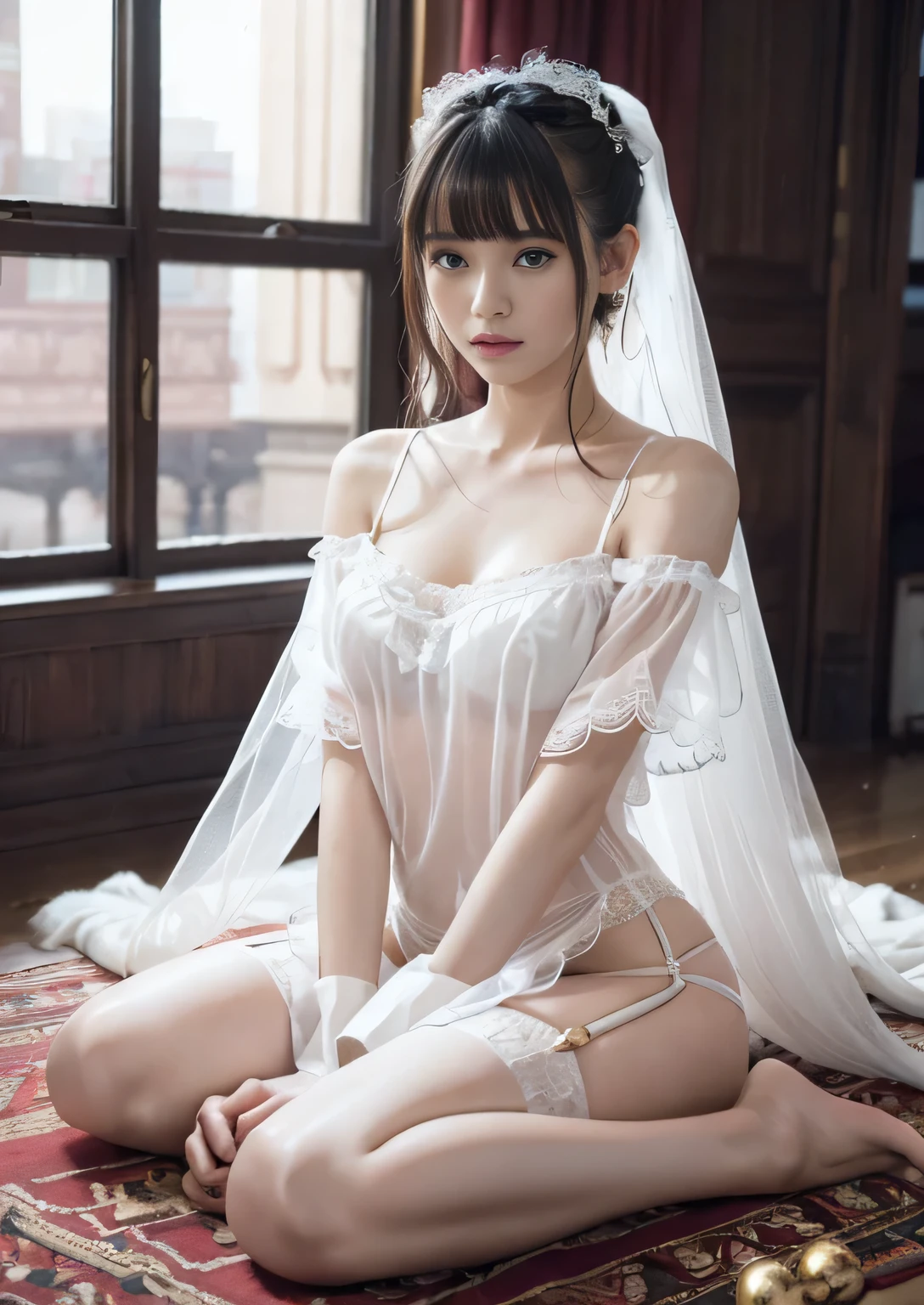 NSFW,((highest quality、8k、masterpiece:1.3))、long gray hair、whole body、indian style、girl with delicate face,best image quality,super transparent,Her face is small and cute,Off-shoulder sheer nightie、Comes with matching garter belt,natural makeup、machine arm,exquisite details,(Camels too)、mechanical pattern,Cyberpunk characters、cyber city、people々number of、Number of pieces、total number、soul、