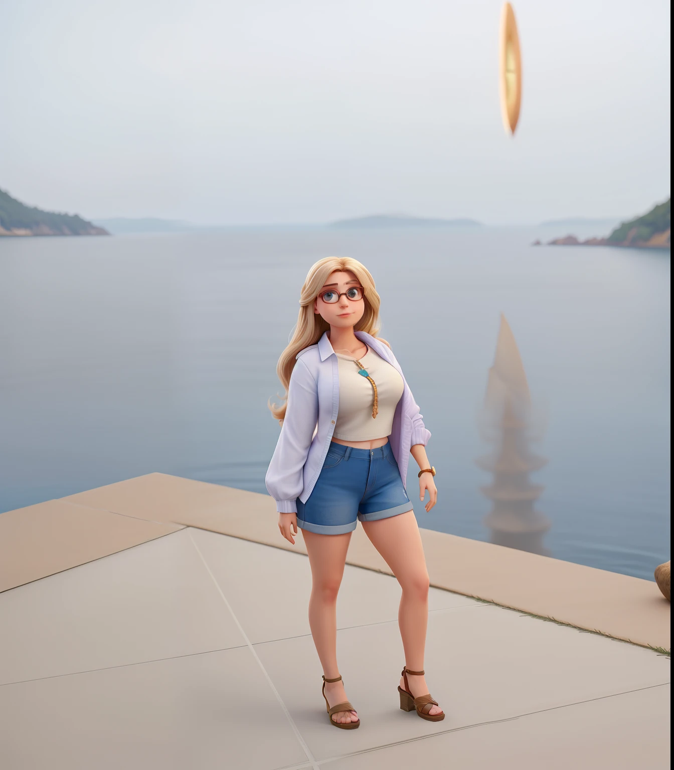 uma mulher de cabelos avermelhado, cabelo longo, olhos castanhos, sem oculos, situado em frente ao lago, com Um short dins caldo, character without glasses,