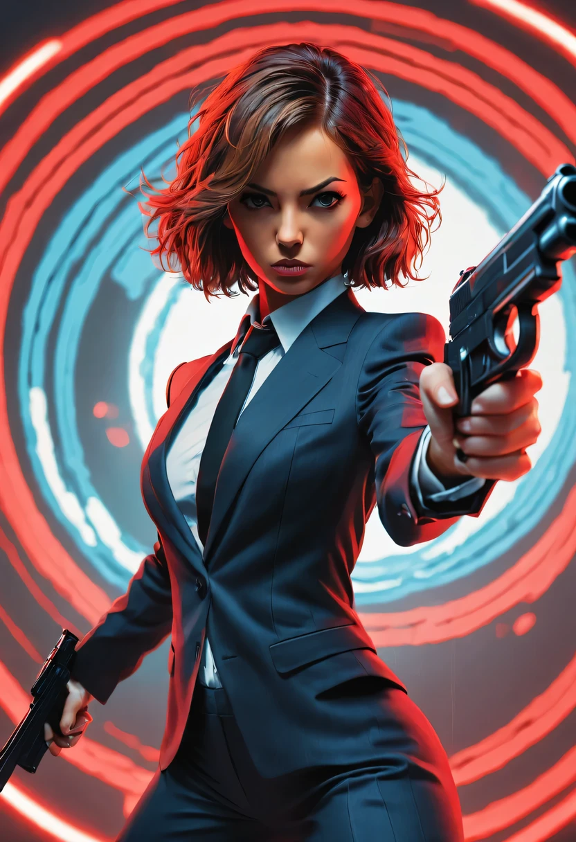  8k, super detailed, precise, best quality, Domestic 007，black suit，Cute, slim, young and hot female agent, struggle, (wearing a suit:1.2), holding a gun, San Diego Red Circle, red light and blue light, Very detailed, Ray tracing, number, concept art, Smooth, sharp focus, illustration, Katsuya Terada's work, Murata Art Series, The Art of Ajman, Juni&#39;artwork, 