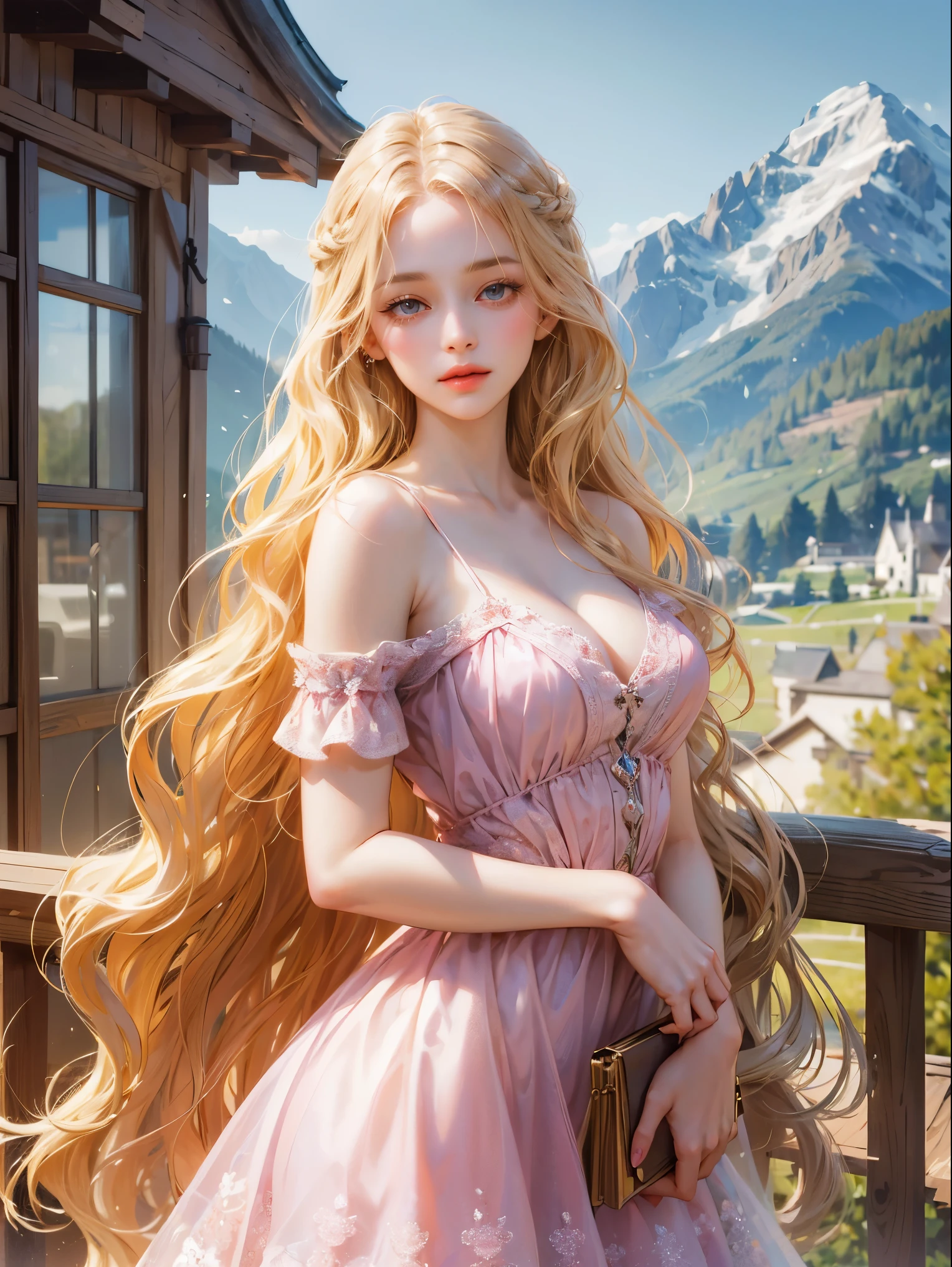 A girl, long blonde, wavy hair, no bangs and grey eyes. Medium breast. she is wearing a pink sundress, beautiful girl, detailed eyes, detailed face, detailed hands, she looks at the viewer. Full figure. Background mountain chalet
