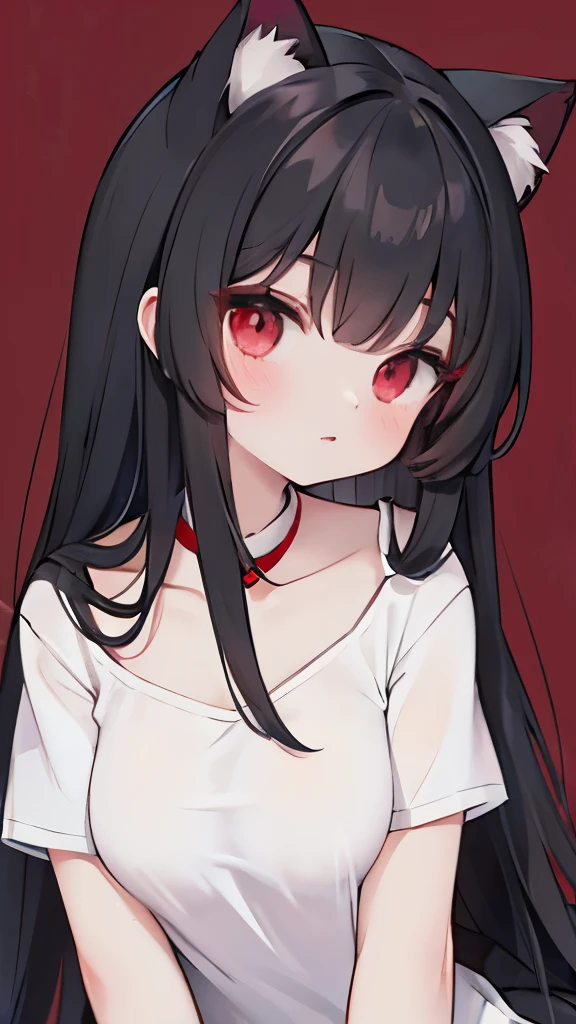 long black hair，Cat-eared girl，red eyes，