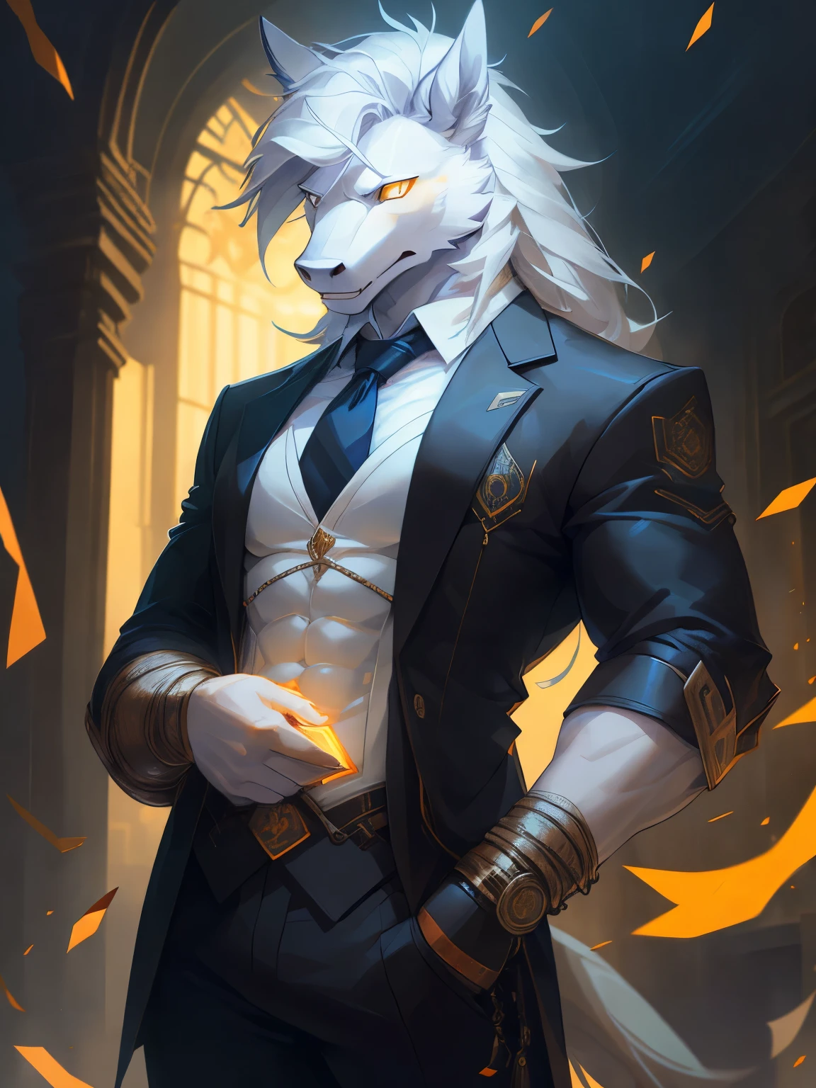 male, furry, Horse anthro, solo, white fur, Orange eyes, (Realistic eye details 1.2), business suit wear, V0id3nergy, abs, Masterpiece, dramatic lighting, soft lighting, day, highly detail, Hair coiled
