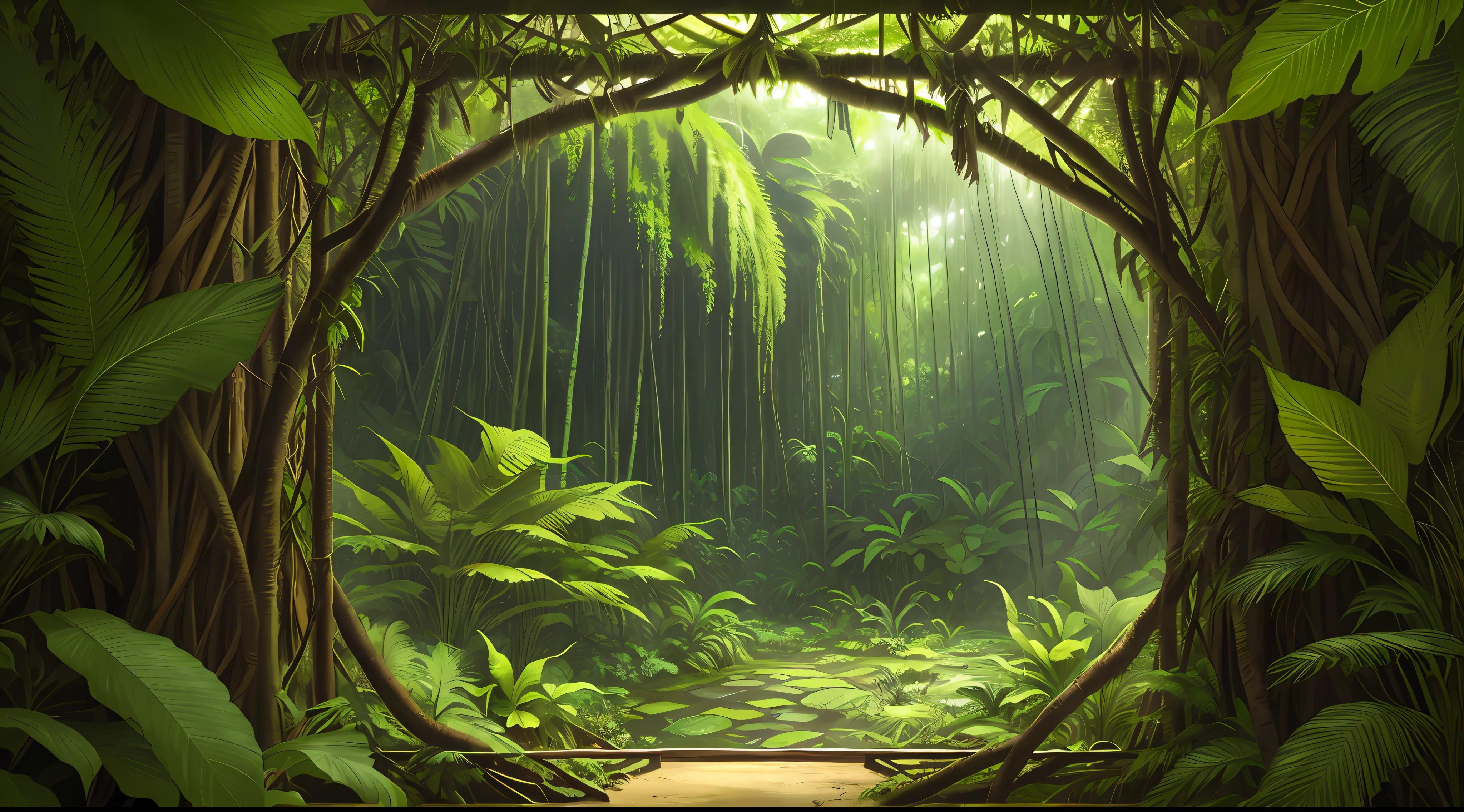 "(Jungle) with intricate details and textures, surrounded by dense foliage and fauna."