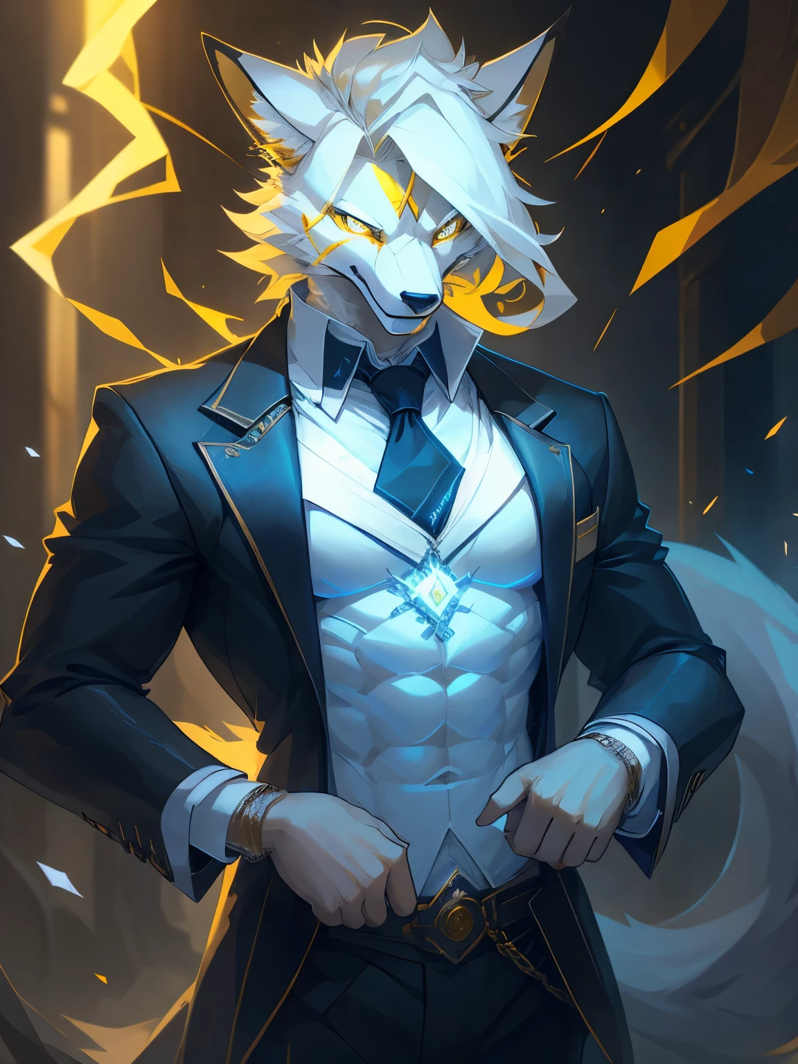 male, furry, Fox anthro, solo, white fur, Yellow eyes, (Realistic eye details 1.2), business suit wear, V0id3nergy, abs, Masterpiece, dramatic lighting, soft lighting, day, highly detail, Hair coiled