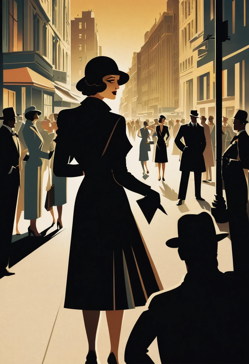On a shadowy corner a woman exchanges information with the shadow of a secret agent, in the background a crowd of people on the streets of a city, art deco,