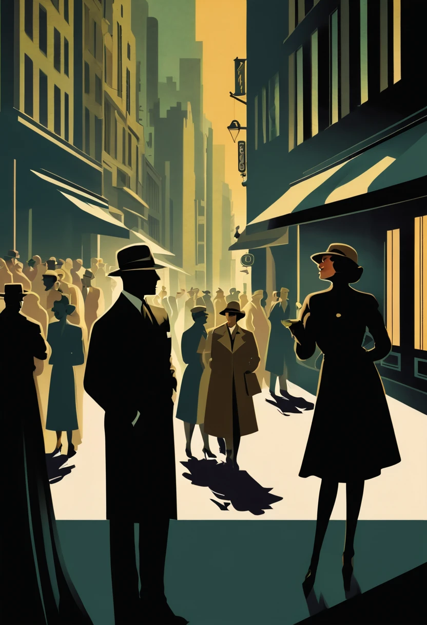 On a shadowy corner a woman exchanges information with the shadow of a secret agent, in the background a crowd of people on the streets of a city, art deco,
