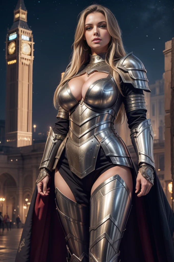 The sexy girl is wearing armor，（huge ，Extra large，huge cleavage），long legs，Complex structure，extremely high detail，8K quality，sense of reality，night，real background，Very detailed background details