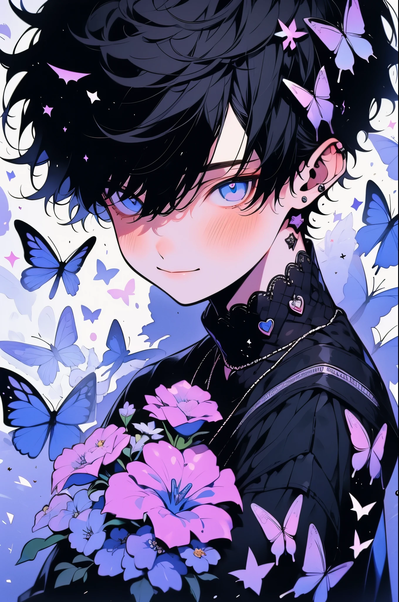(muste piece), (highest quality), very detailed, (1 boy:1.4), concentrated,perfect face, beautiful face, very detailed顔,flower,butterfly々,flowerびら,Light,(smile:1.3),(black haired boy:1.4)