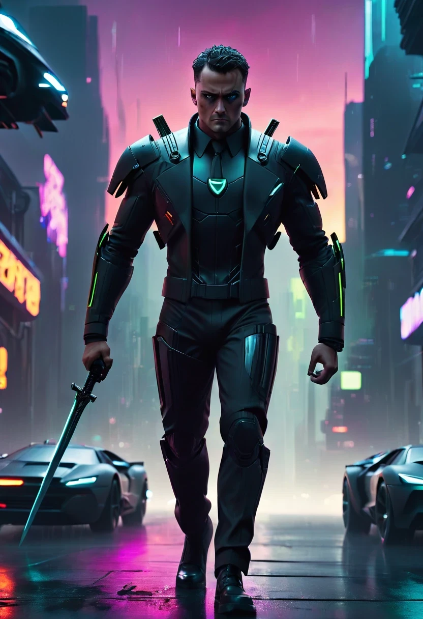 rainy night,as.H.I.and.L.d. agent., black eyes, There is a sword on his back, wearing black suit, 站在霓虹灯and飞行汽车的未来城市景观前, 8k, cyberpunk,sharp focus, (subsurface scattering:1.1), Winning photo, Full body image:1.1, Serious, Scary expression, dramatic lighting,his lips tightly closed,andyes are nervous. The situation is dangerous and serious. colored. hazy atmosphere. 充满神秘and阴谋的气氛. cyberpunk,