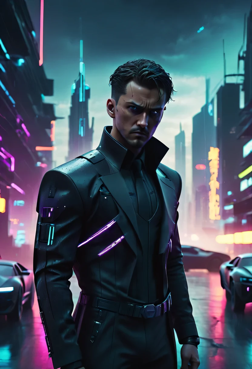 rainy night,as.H.I.and.L.d. agent., black eyes, There is a sword on his back, wearing black suit, 站在霓虹灯and飞行汽车的未来城市景观前, 8k, cyberpunk,sharp focus, (subsurface scattering:1.1), Winning photo, Full body image:1.1, Serious, Scary expression, dramatic lighting,his lips tightly closed,andyes are nervous. The situation is dangerous and serious. colored. hazy atmosphere. 充满神秘and阴谋的气氛. cyberpunk,