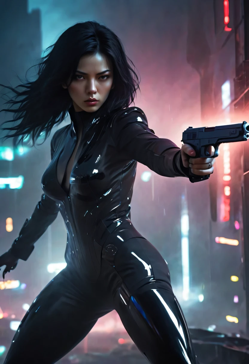 rainy night，futuristic agent, His face is very determined, intense gaze, shiny black hair, Detailed futuristic silver pistol,,wearing black suit,, Stylish and well-fitting, dynamic action poses, Light, futuristic city background, neon Lights, Sci-fi atmosphere, strong shadow, smoke and fog, High-tech products, 神秘的Light环