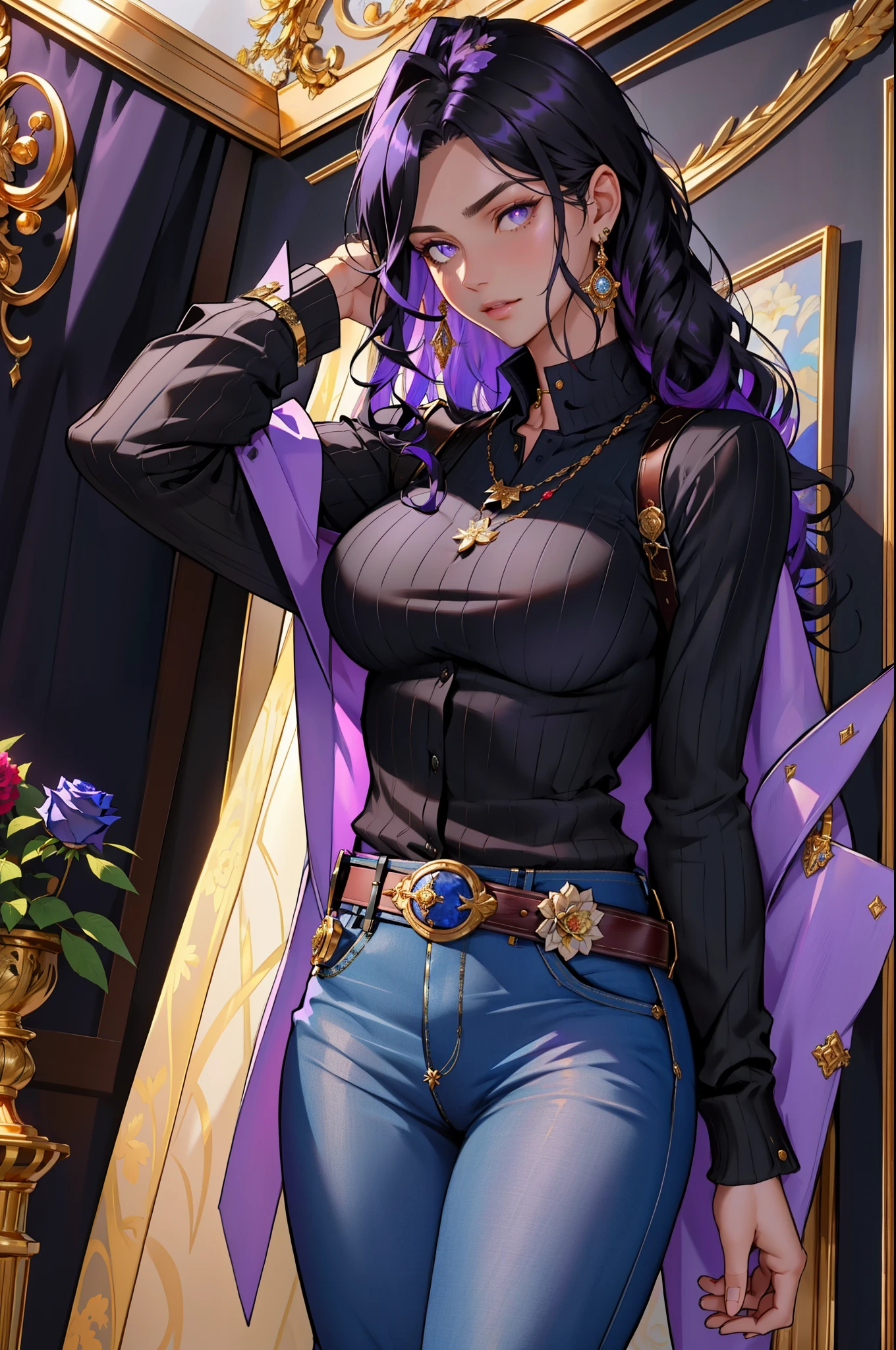solo,woman,human female, 1girl,((black hair, long hair, curly hair)), (fair skin), young adult, slender body, Purple eyes, blue pupils, detailed hair, detailed face, detailed eyes, detailed sweater, grey sweater, sheathed, rapier, tight shirt, long sleeve shirt, full body, skin-tight pants, collar, flower accents on earrings, blue roses, flower earrings, button up shirt, necklace, gold trim collar, Purple highlights, grand fantasy hall,(masterpiece,high quality, hi res, 8k hd),close-view portrait, looking at viewer, night, indoor, standing, poose belt buckle, pants,