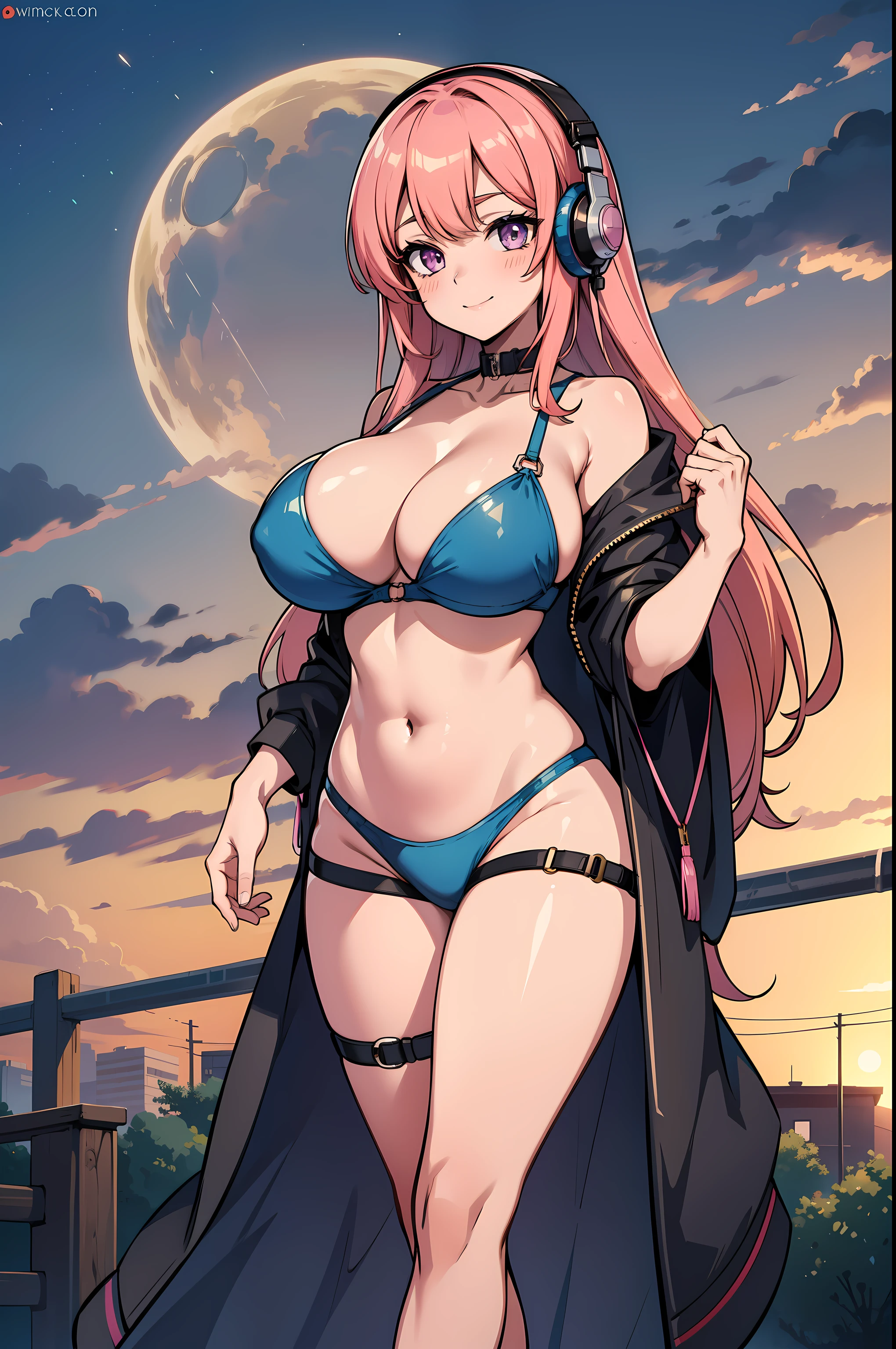 (masterpiece:1.1, 8k, intricate details, ultra high quality:1.1),vapor wave aesthetic, line art, huge ,, bimbo, thicc waifu:1.5, bikini with harness, purple and hot pink background, setting sun, hands above head, hip sway, wearing large headphones, waifu, seductive expression:1.2, smile