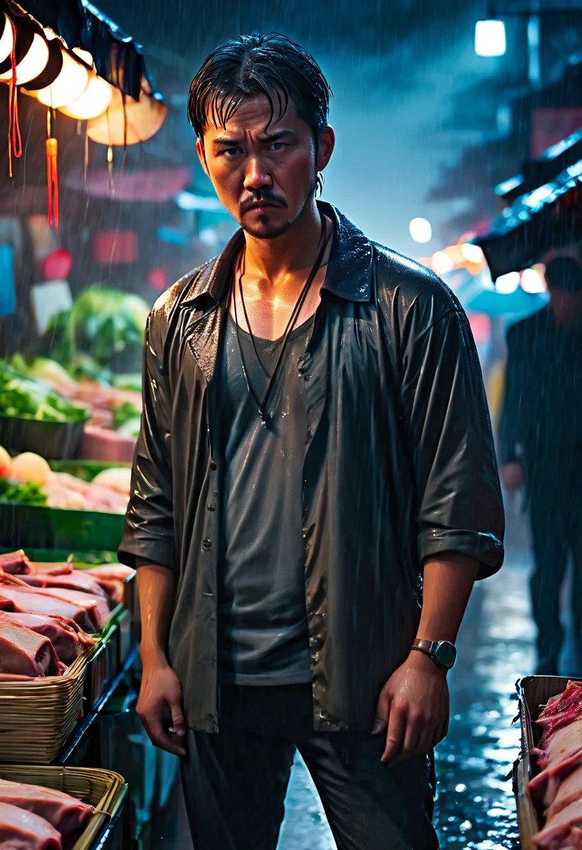(wet market，Pork stalls:1.5)，young rugged chinese man，Handsome，Meat buying agent，Stephen Chow，(Strong dynamic stance:1.4)，intense gaze, rainy night，rainstorm，hazy atmosphere. An atmosphere full of mystery and intrigue. cyberpunk, sharp focus, (subsurface scattering:1.1), Winning photo, Full body image:1.3, Serious, Scary expression, dramatic lighting,his lips tightly closed,Eyes are nervous. The situation is dangerous and serious. 8k, super detailed, precise, best quality