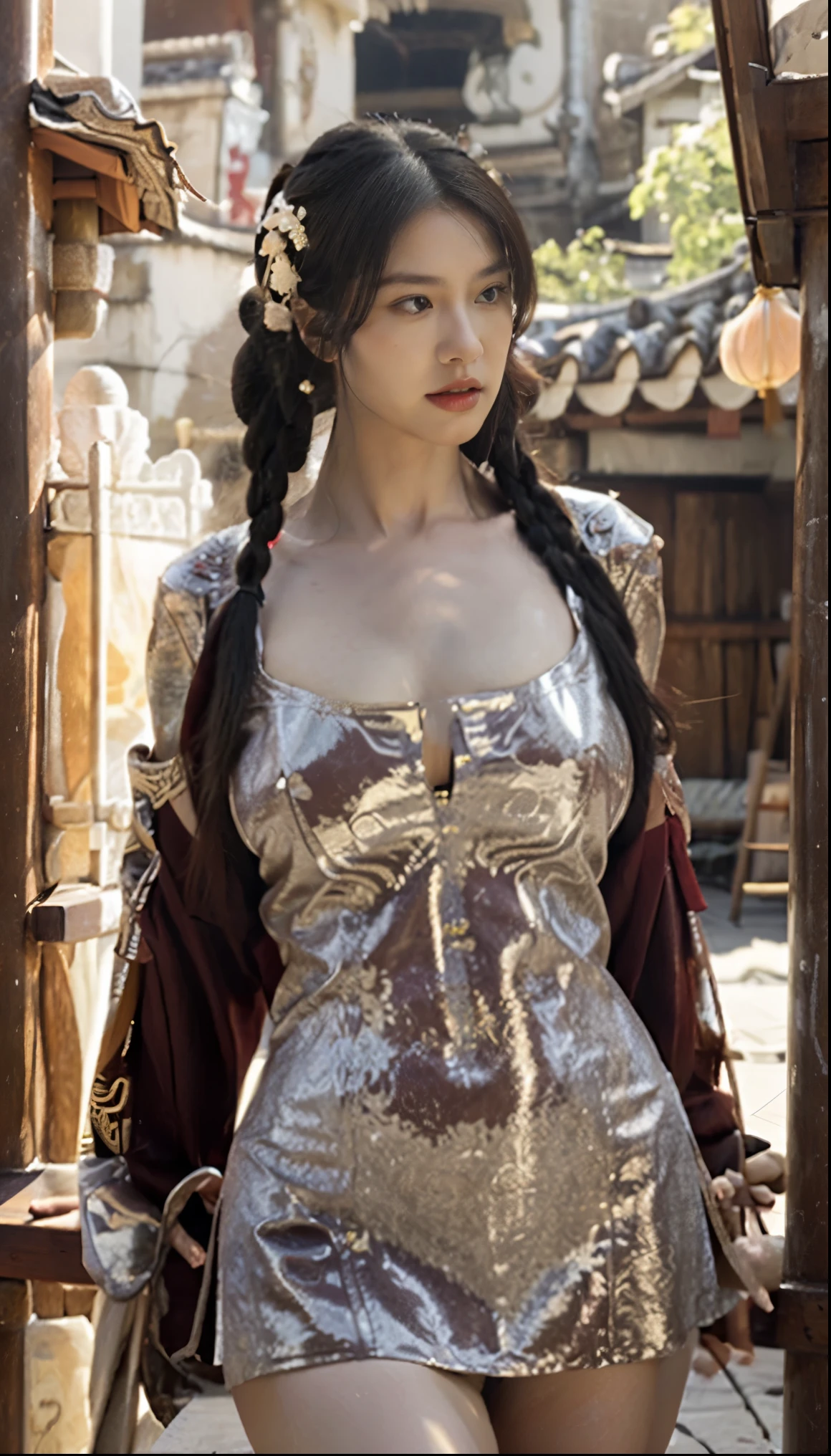 photorealistic, high resolution, soft light,1 woman, only, The picture sees the thighs..., Slender figure, hips up, Glowing skin, Overflowing big breasts, Revealing breasts..., (Highly detailed face), Beautiful Chinese armor, Big tits, big pussy