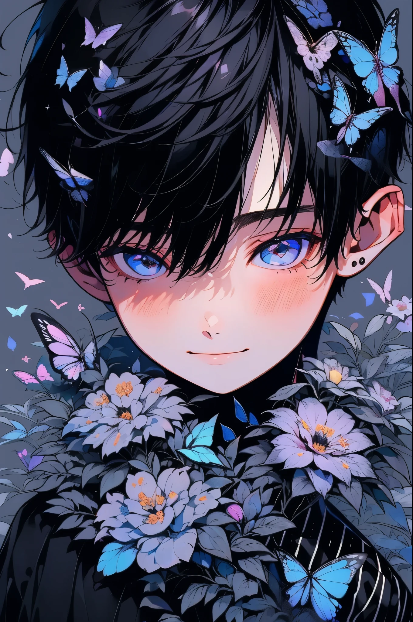 (muste piece), (highest quality), very detailed, (1 boy:1.4), concentrated，perfect face, beautiful face, very detailed顔，flower，butterfly々，flowerびら，Light，(smile:1.3)，(black haired boy:1.4)