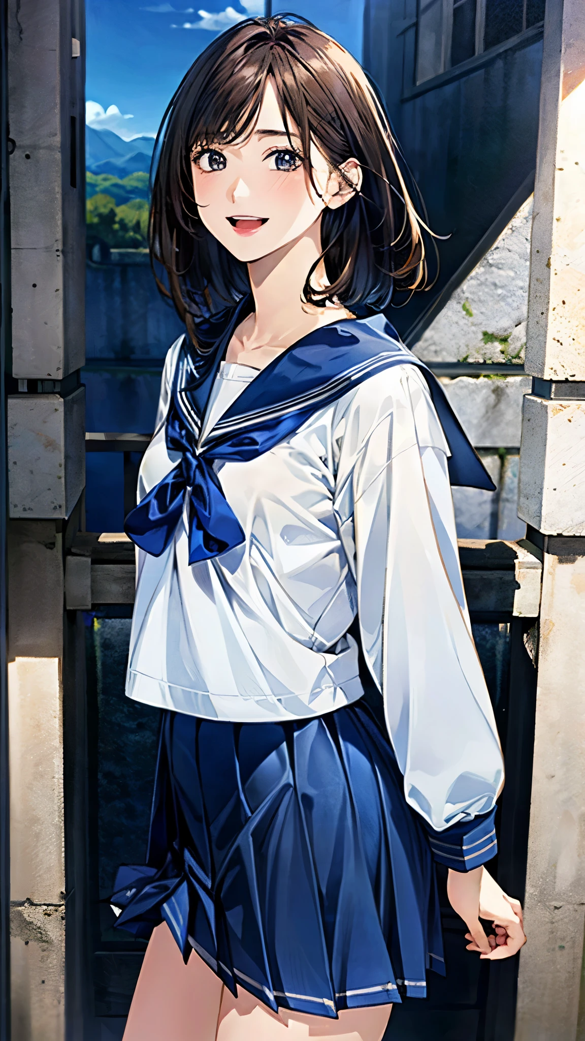 (masterpiece:1.2, top-quality), (realistic, photorealistic:1.4), beautiful illustration, (natural side lighting, movie lighting), ,
looking at viewer, 1 girl, gakki, japanese, perfect face, perfect anatomy, cute and symmetrical face, small face, round face, shiny skin,
(short hair:1.4, straight hair:1.5, brown hair), swept bangs, gray eyes, long eye lasher, (middle breasts), slender,
beautiful hair, beautiful face, beautiful detailed eyes, beautiful clavicle, beautiful body, beautiful chest, beautiful thigh, beautiful legs, beautiful fingers,
((detailed cloth texture, long sleeves blue cute sailor suit, blue pleated skirt, white sailor collar)),
(beautiful scenery), depth of field, daytime, (school), standing, (lovely smile, open mouth),