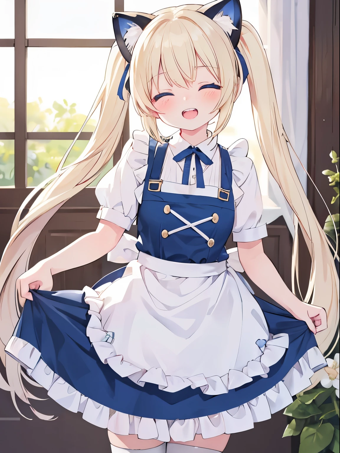 (best quality,4k,very detailed),cute girl,light blond hair,blue eyes,very long twin tails,laughing,double teeth,closed eyes,looking at viewer,lens flare,cute apron,cat cosplay
