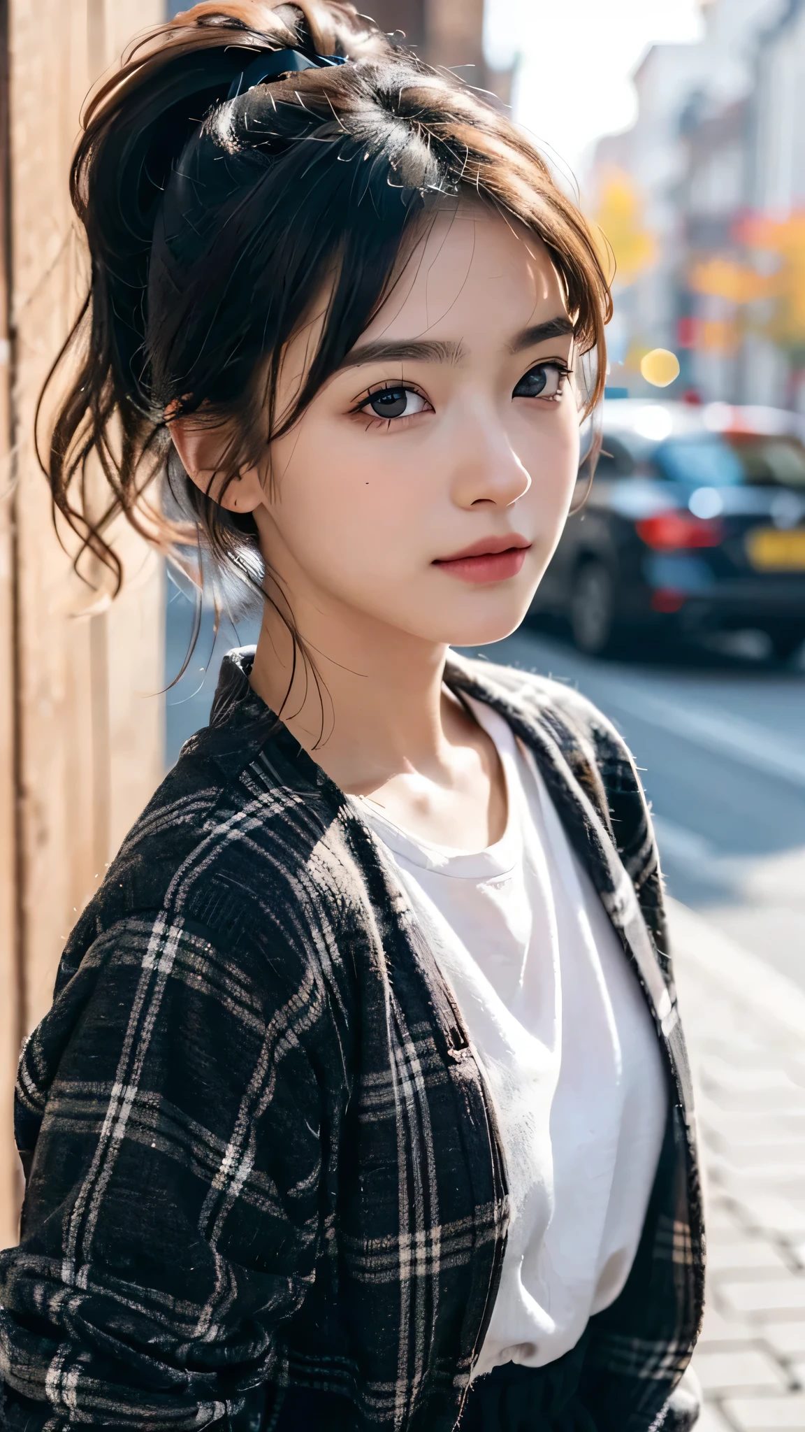 One woman,fully body photo,masutepiece, The highest image quality, High quality, the background is clear,Beautiful woman, Japanese, Detailed, Detailed eyes, Detailed skin, Beautiful skin, 超hight resolution, (reality: 1.4),Very beautiful woman, Slightly younger face, Beautiful skin, slender, (Ultra photo realsisim), (hight resolution), (8K), (Very detailed) (beautifully detailed eyes), (super detailed), (Detailed face), view the viewer, Fine details, Detailed face, Staring straight ahead, Staring straight ahead, photos realistic, Bright lighting, Professional Lighting, Black hair,poneyTail,a baby face,sixteen years old,Hairstyle is ponytail,long ponytail hairstyle,slight smile,neat and tidy clothing,European Streets,Autumn Clothing,Plaid Clothing,