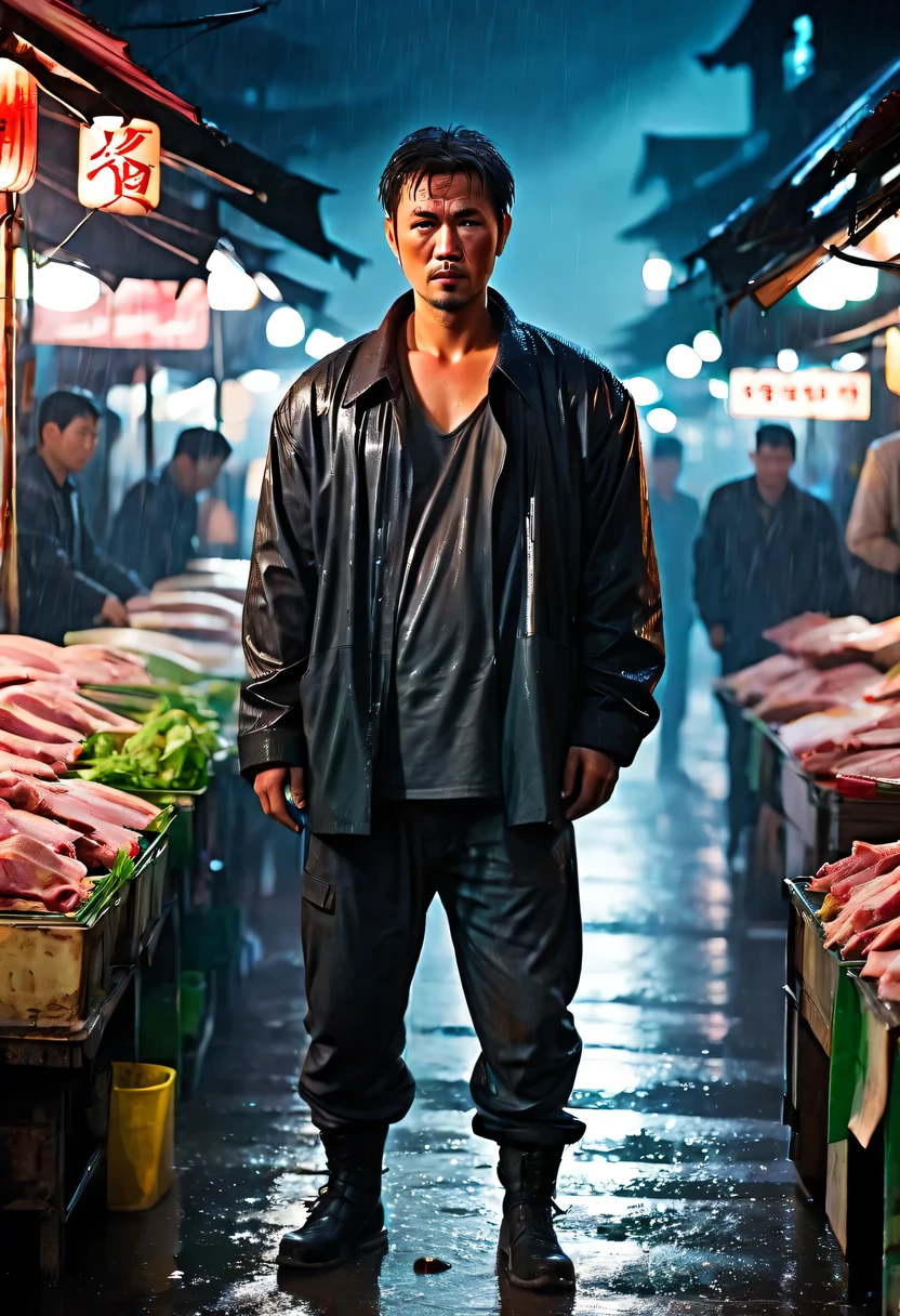 (wet market，Pork stalls:1.ung rugged chinese man，Meat buying agent，Stephen Chow，(Strong dynamic stance:1.4)，intense gaze, rainy night，rainstorm，hazy atmosphere. An atmosphere full of mystery and intrigue. cyberpunk, sharp focus, (subsurface scattering:1.1), Winning photo, Full body image:1.3, Serious, Scary expression, dramatic lighting,his lips tightly closed,Eyes are nervous. The situation is dangerous and serious. 8k, super detailed, precise, best quality