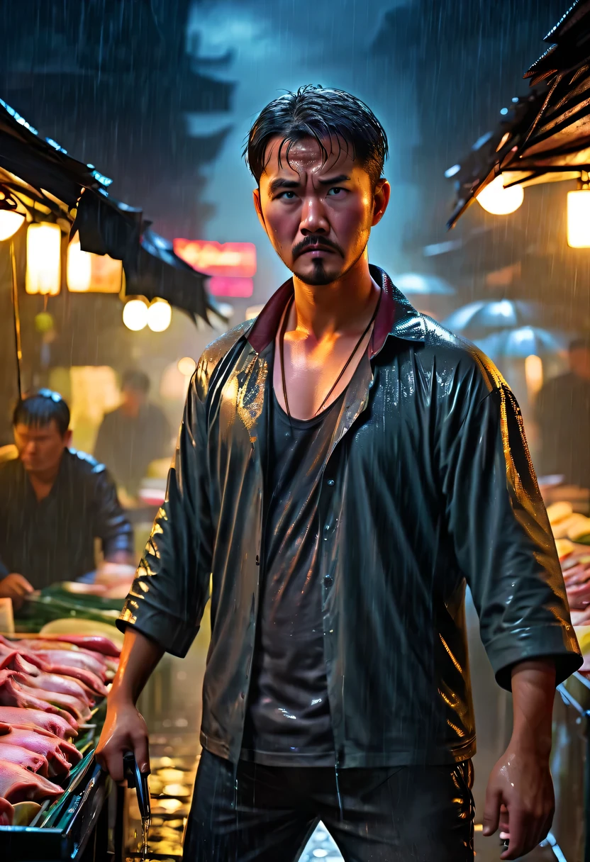 (wet market，Pork stalls:1.*****ung rugged chinese man，Meat buying agent，Stephen Chow，(Strong dynamic stance:1.4)，intense gaze, rainy night，rainstorm，hazy atmosphere. An atmosphere full of mystery and intrigue. cyberpunk, sharp focus, (subsurface scattering:1.1), Winning photo, Full body image:1.3, Serious, Scary expression, dramatic lighting,his lips tightly closed,Eyes are nervous. The situation is dangerous and serious. 8k, super detailed, precise, best quality