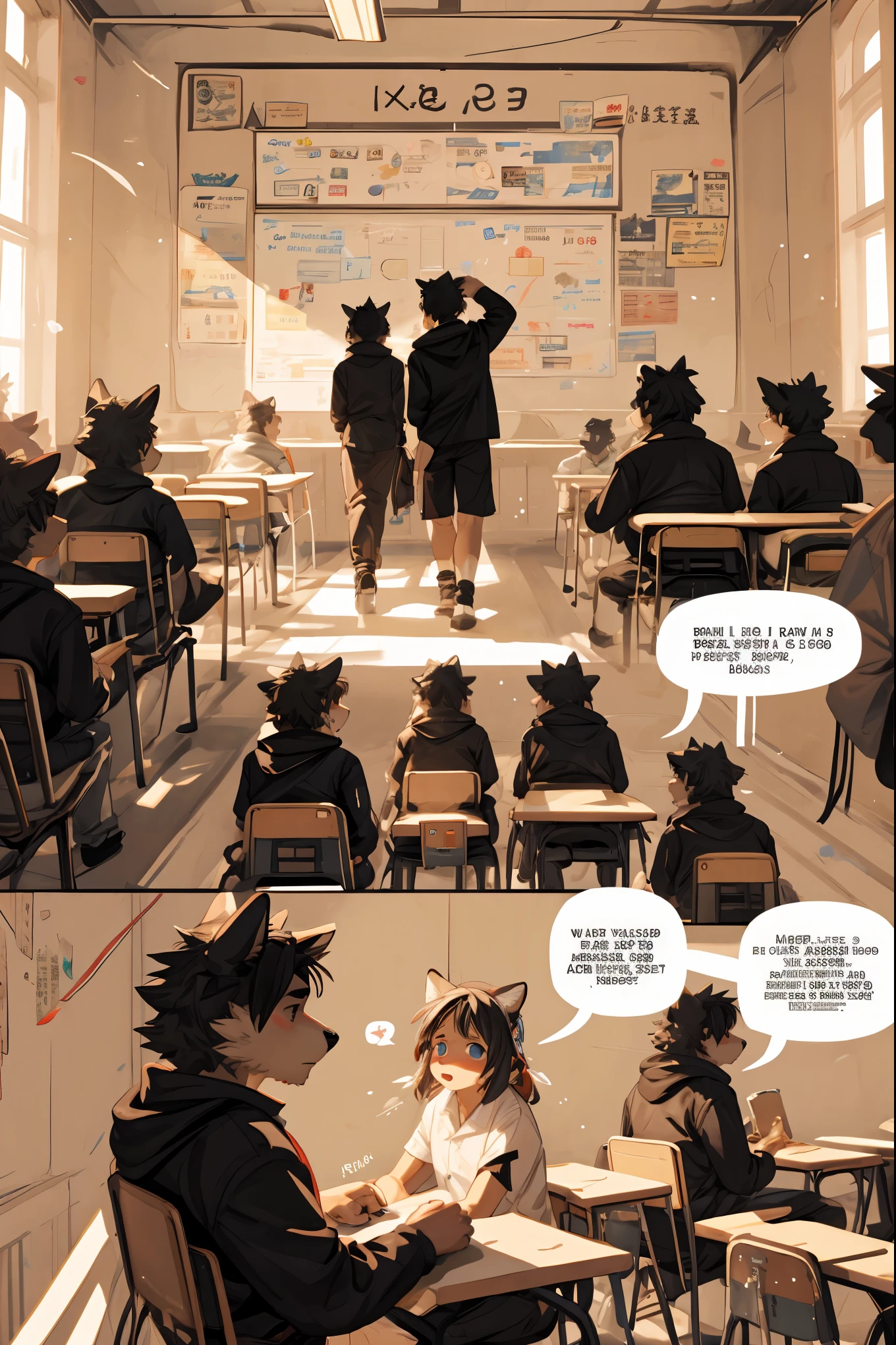 top quality, best quality, highres, masterpiece, super high resolution, detailed background, School, class, 6+boys, 6+girls, absurdres(highly detailed beautiful face and eyes)perfect anatomy, good lighting, cinematic shadow(kemono, furry anthro)assorted expressions, assorted poses, assorted angles, full body, upper shot, dynamic angle,(girls comic-like panel layouts, speech balloon, English text, Hand-drawn sound effects stickers used in girls comic),