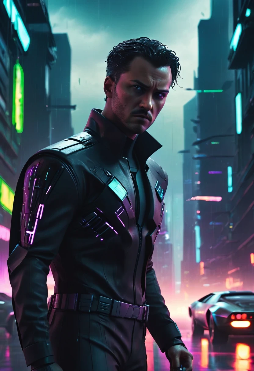 rainy night,as.H.I.and.L.d. agent., black eyes, There is a sword on his back, wearing black suit, 站在霓虹灯and飞行汽车的未来城市景观前, 8k, cyberpunk,sharp focus, (subsurface scattering:1.1), Winning photo, Full body image:1.1, Serious, Scary expression, dramatic lighting,his lips tightly closed,andyes are nervous. The situation is dangerous and serious. colored. hazy atmosphere. 充满神秘and阴谋的气氛. cyberpunk,