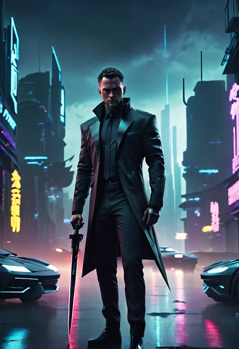 rainy night,as.H.I.and.L.d. agent., black eyes, There is a sword on his back, wearing black suit, 站在霓虹灯and飞行汽车的未来城市景观前, 8k, cyberpunk,sharp focus, (subsurface scattering:1.1), Winning photo, Full body image:1.1, Serious, Scary expression, dramatic lighting,his lips tightly closed,andyes are nervous. The situation is dangerous and serious. colored. hazy atmosphere. 充满神秘and阴谋的气氛. cyberpunk,