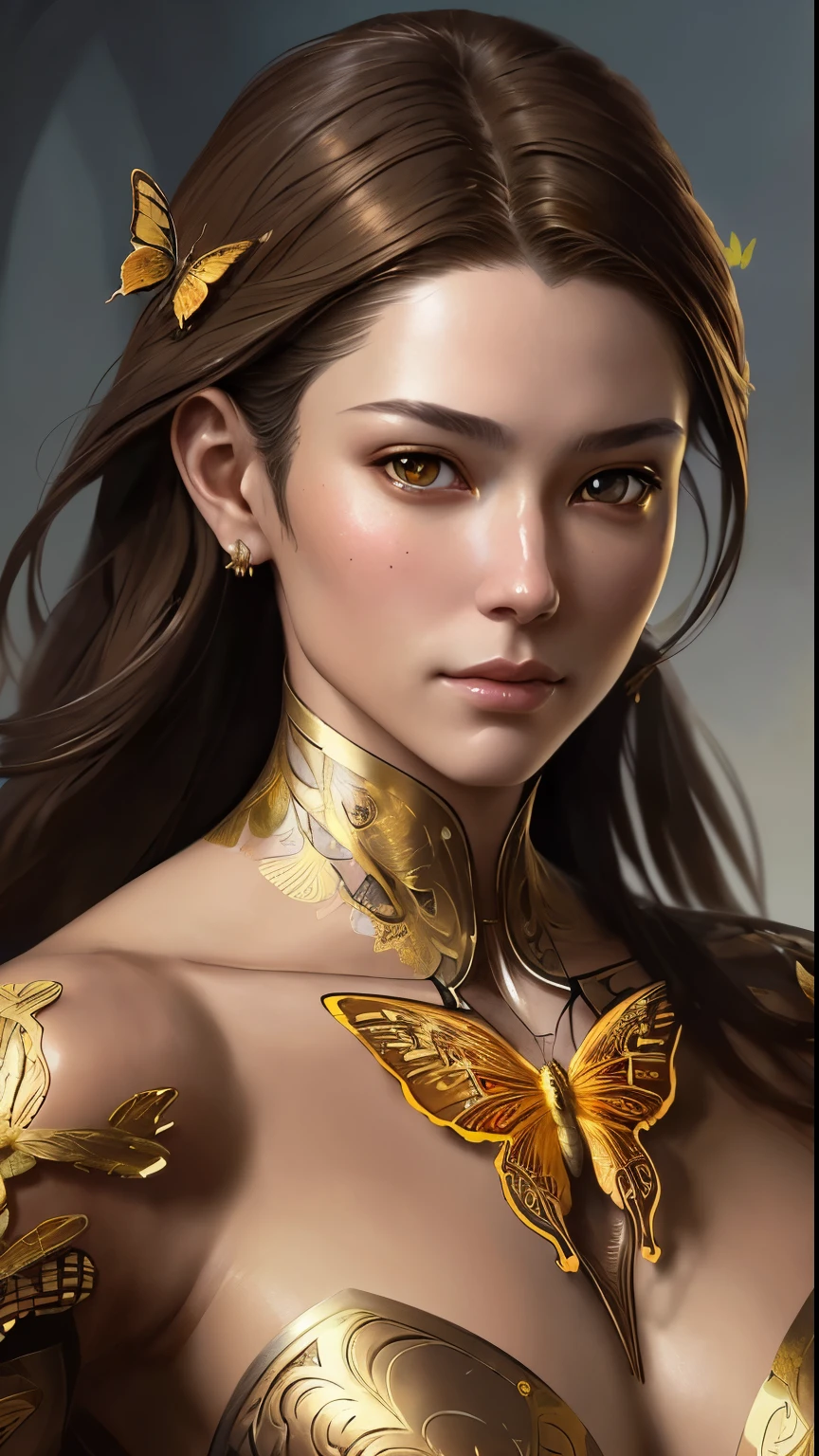 8k portrait of beautiful cyborg with brown hair, intricate, elegant, highly detailed, majestic, digital photography, art by artgerm and ruan jia and greg rutkowski surreal painting gold butterfly filigree, broken glasasterpiece, sidelighting, finely detailed beautiful eyes: 1.2), hdr,