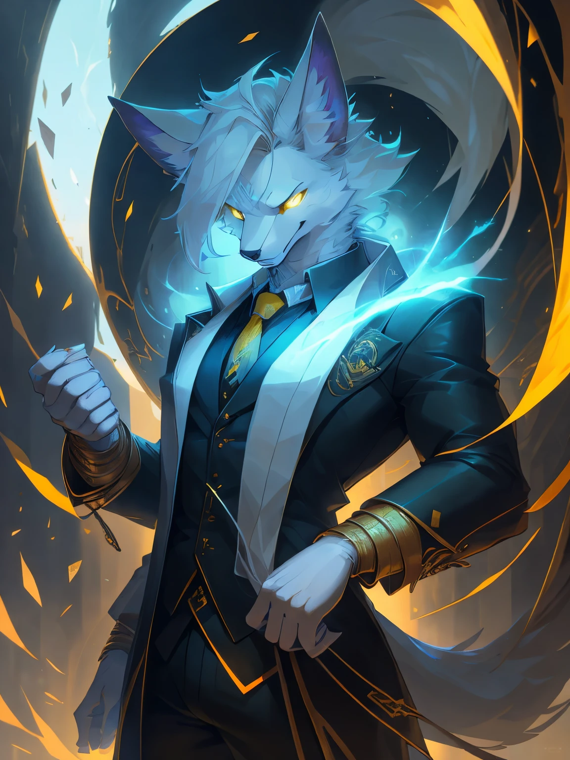 male, furry, Fox anthro, solo, white fur, Yellow eyes, (Realistic eye details 1.2), business suit wear, V0id3nergy, abs, Masterpiece, dramatic lighting, soft lighting, day, highly detail, Hair coiled
