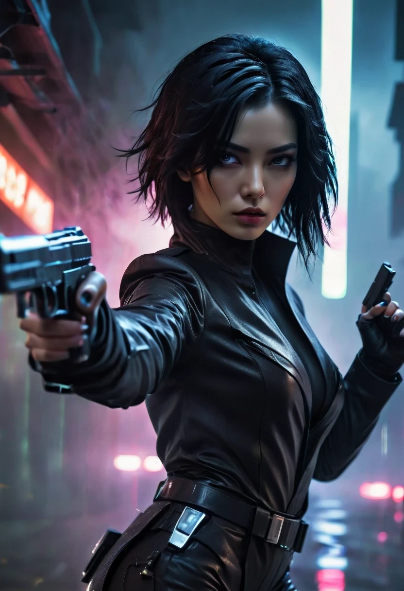rainy night,future female agent, His face is very determined, intense gaze, shiny black hair, Detailed futuristic silver pistol,,wearing black suit,, Stylish and well-fitting, dynamic action poses, Light, futuristic city background, neon Lights, Sci-fi atmosphere, strong shadow, smoke and fog, High-tech products, 神秘的Light环