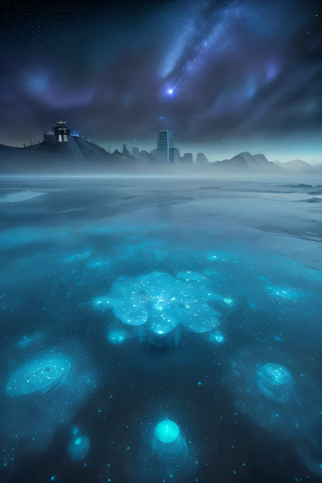 Futuristic city floating on glowing sea of frozen methane bubble, bioluminescent stars in the sky, touquois sky, soft cotton clouds, tourqouis ocean waves, shiny, purple water, galaxy, complementing lighting. beach night time, blue bioluminescent waves on ocean, and city visible far away. night dark ocean, night time.  There will be a blue light on the beach，Coastline photos、（luminance：1.1）、8K UHD、Slr、softlighting、high high quality、filmgrain、Fujifilm XT3，scenecy，photography of，Ultra photo realsisim. held up by glowing towers that reach towards the clouds – a sprawling metropolis showcases the pinnacle of architectural innovation. ，Starry，starrysky，galactic，meteors surging in the waves、When thThis top-quality masterpiece, captured in hyper-realistic detail with a Carl Zeiss 16mm f/1.8 lens, presents an awe-inspiring scene of towering structures that defy the elements, as they rise serenely above the sea's turbulent waves. The intricate blend of architecture is illum ((highest quality, 8k, masterpiece, photorealism, RAW photo, highest quality)), futuristic city on titan on glowing and ice covered trees against night galaxy sky, sci fi city on titan landscape, super nova in sky, nebula sky, sunny winter night starry, ultra-realistic, high definitionRealism, realistic photos, professional color correction, shot with Canon EOS 5D Mark IV , galaxy and aurora visible in the sky, nebula sky, hi tech city on titan. (Modern science fiction fantasy: capricho:1.4) (Horizon of the urban landscape of the metropolis:1.1) cercado por (rios e cachoeiras em um vale de montanha rochosa:1.4) (Botw Genshin:0.6) (Ghibli:1.0) (deus da guerra:0.6) (Horizonte Zero Amanhecer:0.6) (Credo dos Assassinos:1.0) (guerra nas estrelas:1.0) (Jornada nas Estrelas:1.0) (Horizonte Proibido Oeste:0.6) (Avatar Pandora:1.0) (Singapura Hong Kong:1.2) (photogenic photo hdr sharp focus intricate detail composition rule of thirds dof 8k contracts reflections flower glow saturated dawn:1.2) (