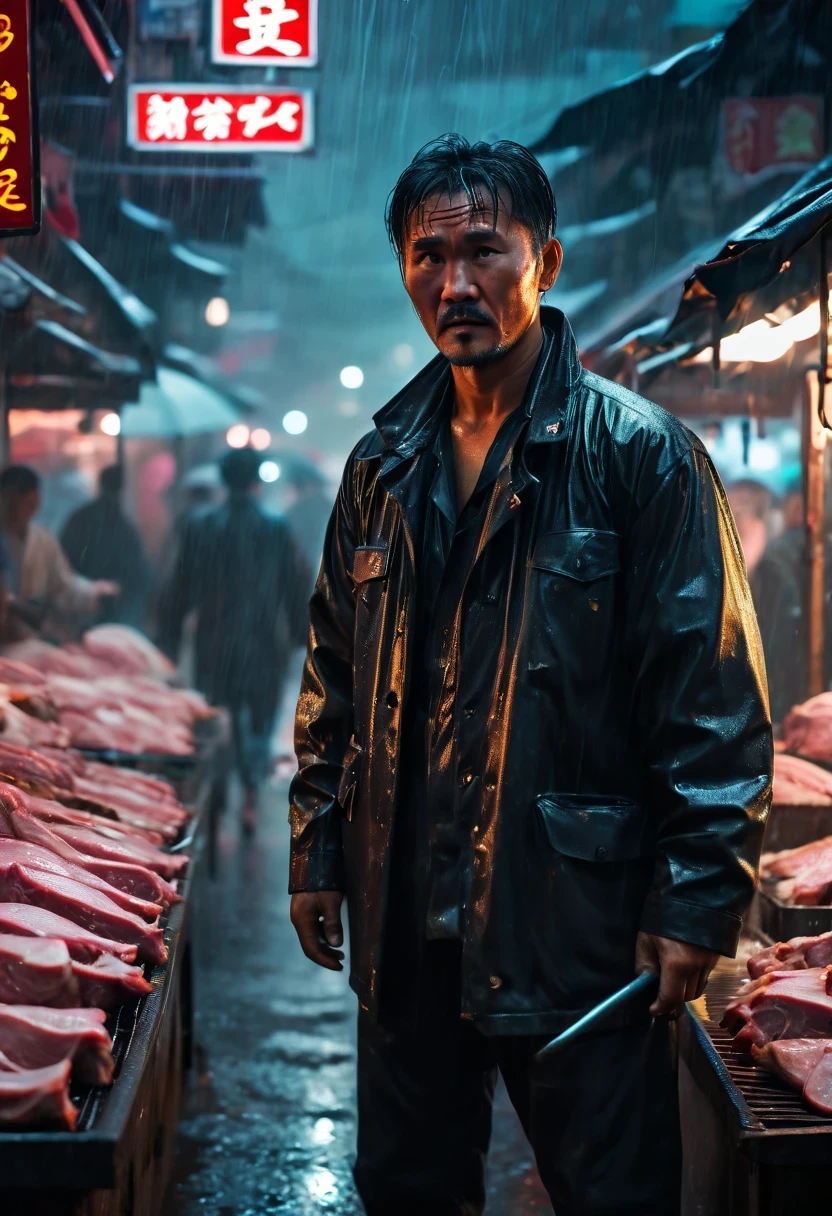 (wet market，Pork stalls:1.2)，rugged chinese man，Meat buying agent，Stephen Chow，(Strong dynamic stance:1.5)，intense gaze, rainy night，rainstorm，hazy atmosphere. An atmosphere full of mystery and intrigue. cyberpunk, sharp focus, (subsurface scattering:1.1), Winning photo, Full body image:1.3, Serious, Scary expression, dramatic lighting,his lips tightly closed,Eyes are nervous. The situation is dangerous and serious. 8k, super detailed, precise, best quality