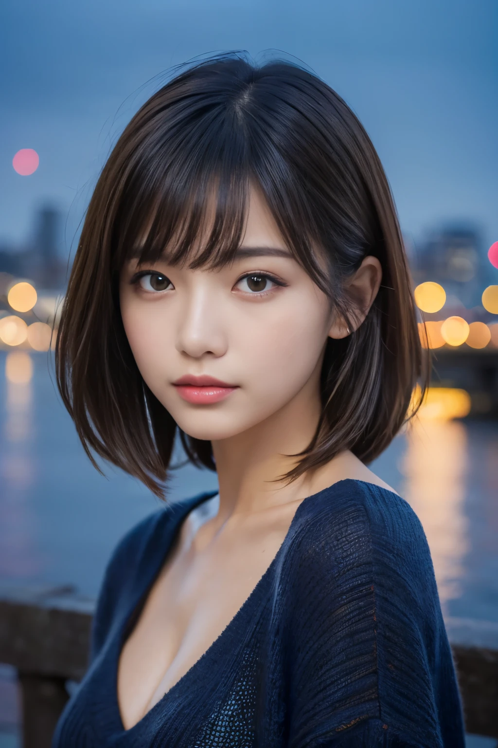 (detailed skin:1.2),(shiny skin:1.1),8k,best quality, masterpiece, ultra high res,(photorealistic:1.4), RAW photo,(soft saturation:1.3),(fair skin:1.2), 1 Japanese idol, makeup,(lipstick),(eyeliner), Brown eyes, (Looking at Viewer), 19 years old, Detailed Face, Perfect Female Body, Medium hair, Messy hair, asymmetrical bangs, Light brown hair, Very detailed face, (depth of field), (V-neck sweater), bridge, building, city, city lights, colorful, night,  ocean, outdoors, scenery, sky, water, bridge, island, 
masterpiece, best quality, moody lighting, blue hour,  