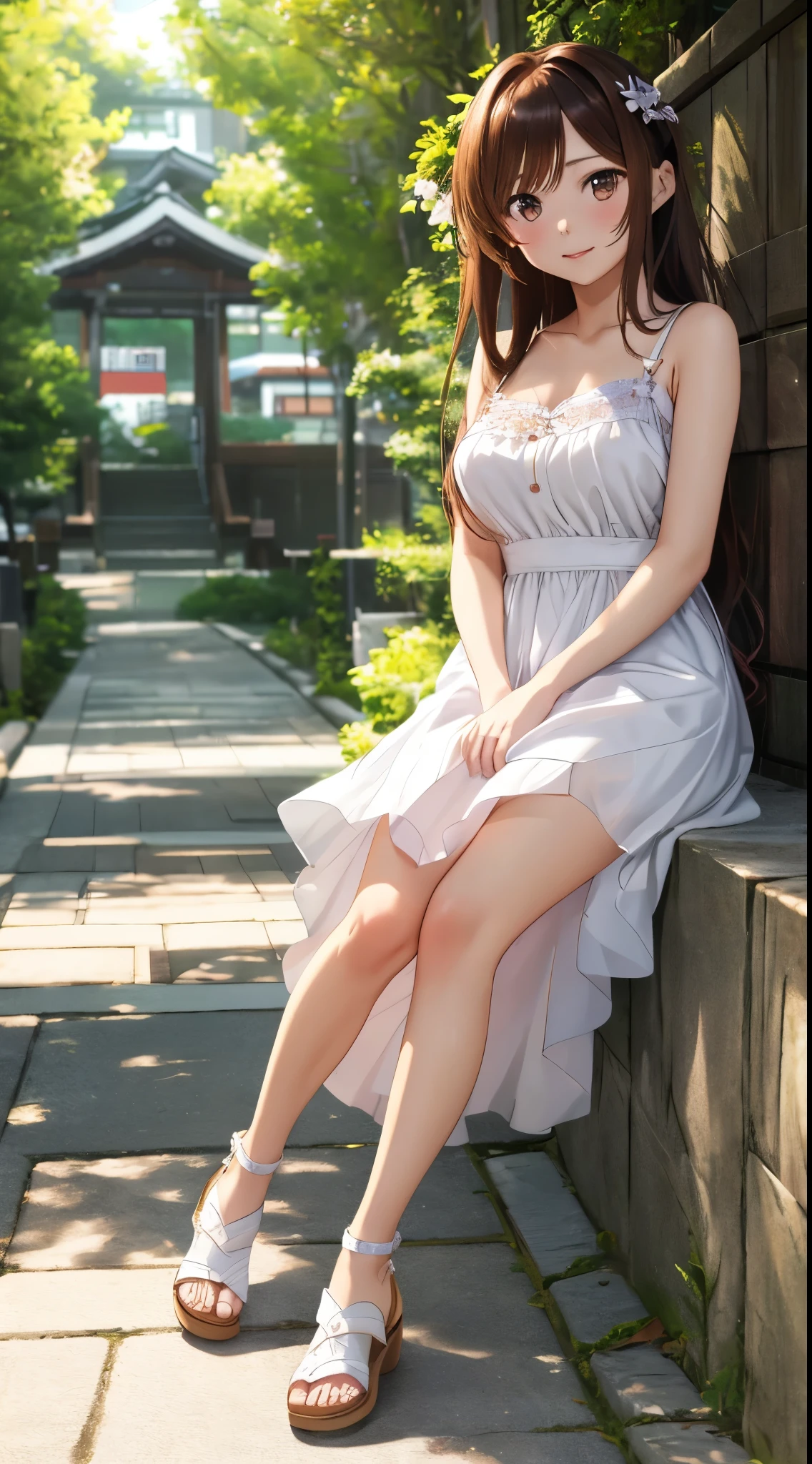 Wearing white summer dress with sandals,masterpiece, best quality, 8k wallpaper, 1girl, beautiful detailed eyes, 1girl, solo, long_hair, breasts, looking_at_viewer, blush, brown_hair, brown_eyes, medium_breasts, mizuhara_chizuru, tokyo background