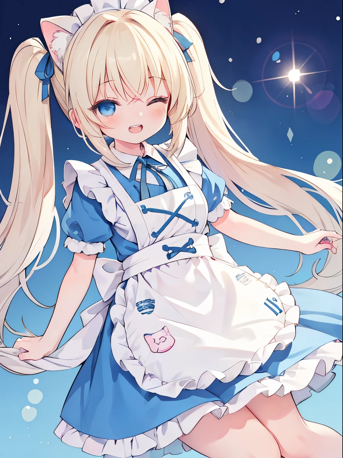 (best quality,4k,very detailed),cute girl,light blond hair,blue eyes,very long twin tails,laughing,double teeth,closed eyes,looking at viewer,lens flare,cute apron,cat cosplay