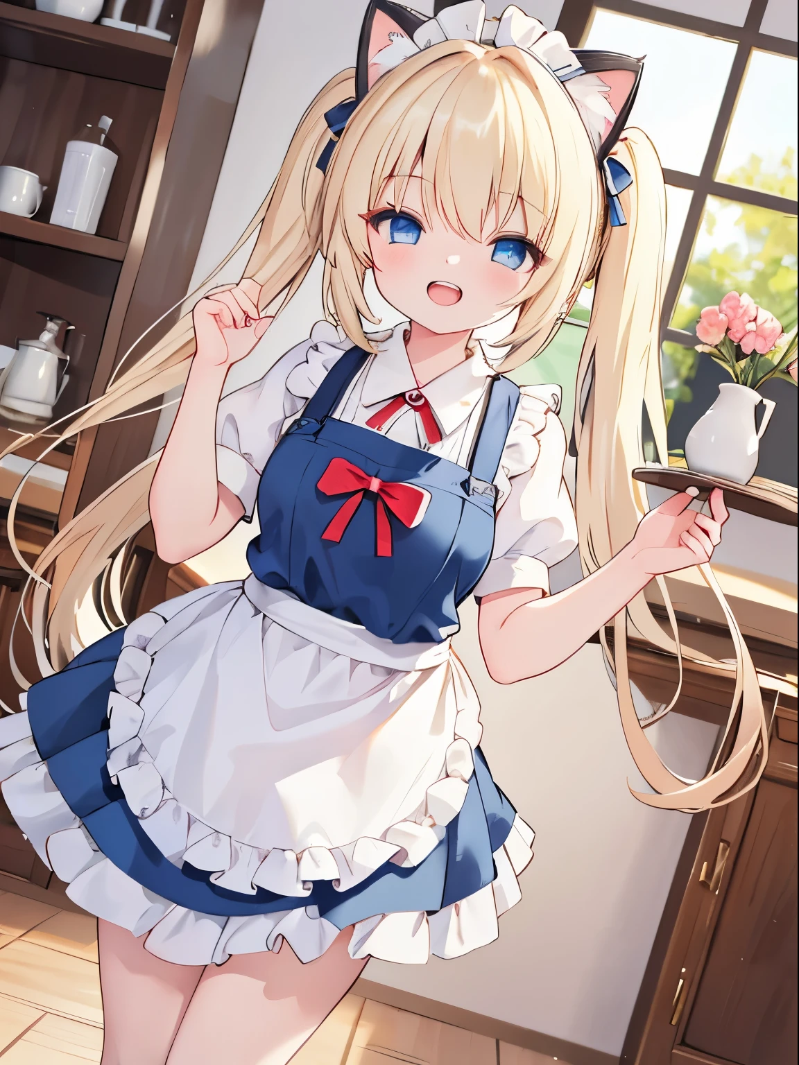 (best quality,4k,very detailed),cute girl,light blond hair,blue eyes,very long twin tails,laughing,double teeth,closed eyes,looking at viewer,lens flare,cute apron,cat cosplay