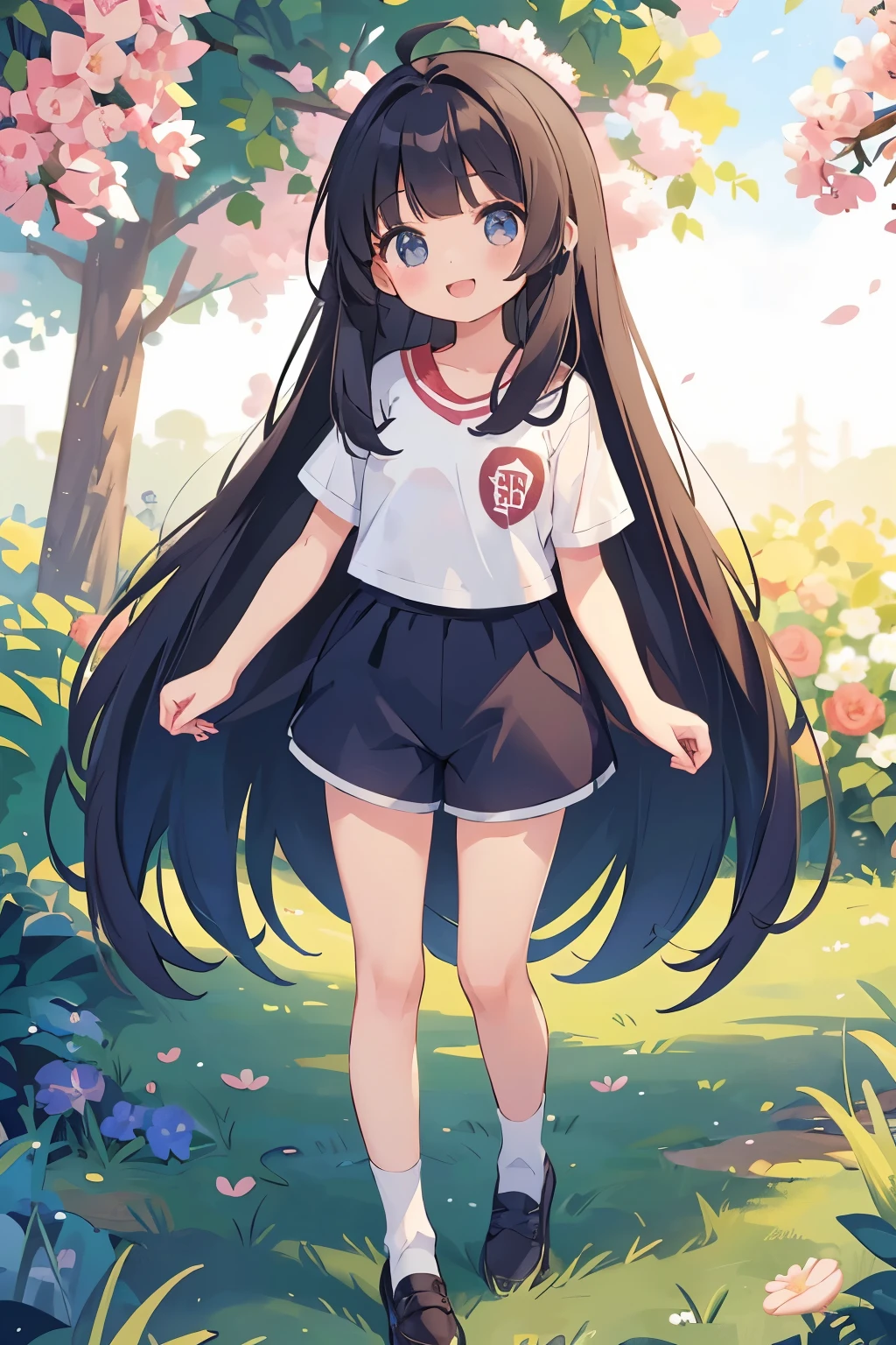 highest quality、full body figure、black hair、straight hair、long hair、()、(可愛いpetiteな女の子、、12 year old girl:1.4)、clear、Ladylike、Lady、(culotte shorts:1.5)、Mature look、smile