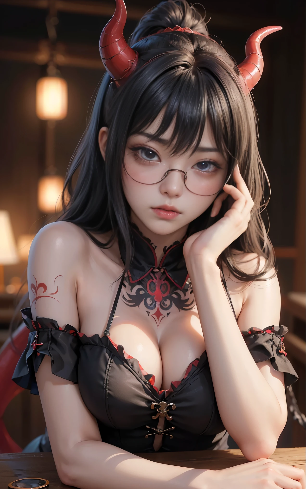 Understoodですかですか、(best illustrations)、8k UHD resolution、intricate details、highest quality、realistic、Super detailed、best lighting、best shadow、soft lighting、ultra hd、超realistic、Tyndall effect、Photoreal、(high detail skin:1.2)、 (intricate details, compensate, face to face with the children_v1:0.5), (Understood, beautiful and delicate face, Understoodですか, beautiful and delicate eyes, perfectly proportioned face, high resolution skins, fine skin, Optimal ratio of 4 fingers and 1 thumb, arm under chest, red tattoo on lower abdomen、Wow wow, wide hips, smooth abdomen, thin and thin skin, __fashion__, __hair__:1.25)、Digital single-lens reflex camera、 absurd、(table top: 1.3), (maximum resolution: 1.2), (ultra hdTV: 1.2), cinematic light, fine eyes and skin, detailed facial features, , (sharp focus: 1.2）, (focus on the face:1.2),perfect style, beautiful face, acura, anatomically correct, Highly detailed face and skin texture, fine eyes, double eyelid, thin eyebrows, glitter eyeliner: 1 natural cheeks, Glossy skin, Fair skin: 1.2, (glossy lips: 1.4),(embarrassed look: 1.2),Highly detailed face and skin texture, fine eyes, double eyelid, natural cheeks,  glossy lips: 1.4,exposed cleavage、Bewitching。charm、 Beautiful devil woman from hell, デヴィッド・ホックニーとアルフォンス・ミュシャによる超realistic女性の肖像画, charm女性の肖像画、fantasy art, Chinese humanoid robot、chinese actress、dungeon、dragon、devil&#39;palace of、devil&#39;torture chamber、night、dark style 、in the dark、(detailed spooky background:0.8), magic、 1 girl、evil nun、dark necromancer、Succubus、devil&#39;Daughter of、Shinonome Umi、bat wings，(((devil&#39;Horn)))、 ((((giant glasses, otaku glasses, thick glasses, round glasses)))),(((big breasts)))、(devil&#39;tail)、(red eyesは光り輝いて:1.6)、red eyesは非常に鮮明で詳細です, your eyes are so beautifully made, ((red eyes:1.0)),intricate tattoo, demonic intricate tattoo, thigh tattoo, body tattoo, masterpiece、最もbeautiful face、baby face、cute smile、beautiful plump red lips、筋肉のcharm体、devilのcharm体、devil style、charmブラックマジックコスチューム、The long-haired、Braid、Black hair、Ponytail distortion、, Ponytail with a bow tied at the back of the hair, beautiful expression、body up、big breasts強調、bust,  super tight chest, Breast augmentation surgery, Breasts are very big and round,tight waist、wide ass、 secret key, cowboy lens, (black phoenix dress: 1.0),  devil crown,  red gemstone necklace、Jewelry G Wise,  Please wear black mesh socks,wearing light red、nffsw, nffsw, Meeting beautiful girls, look at the girl&#39;Main body,