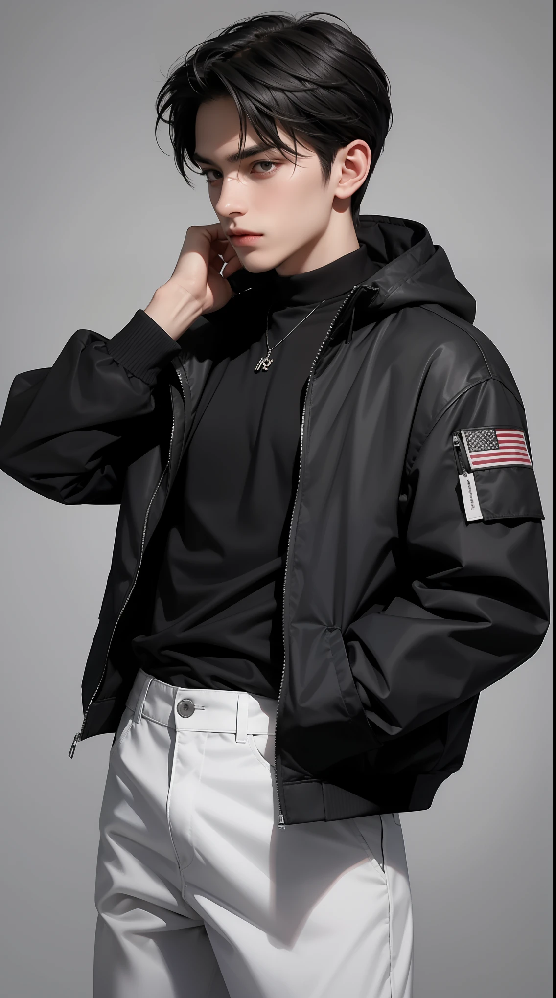 a man wearing black halfsleeve jacket