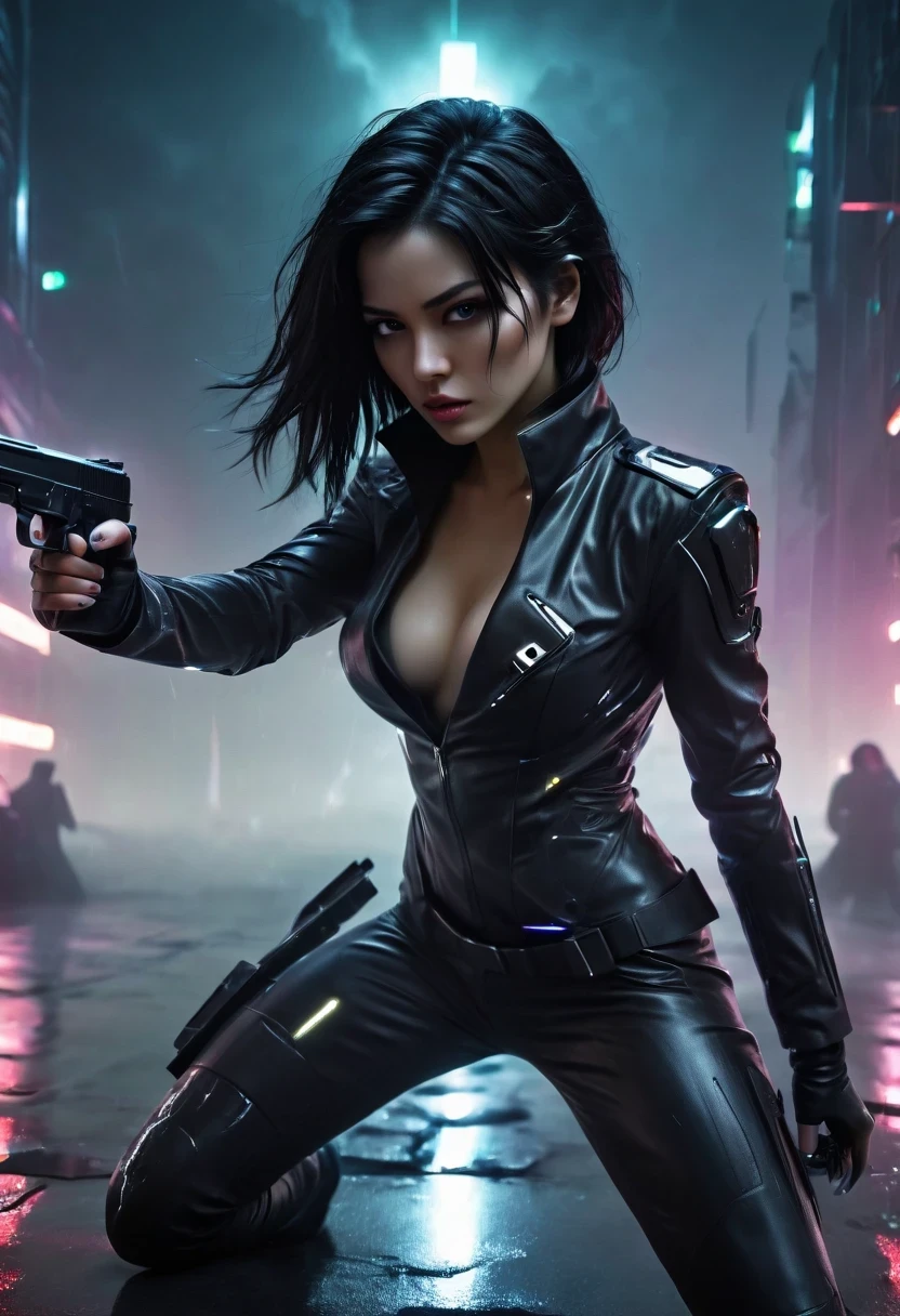 rainy night，future female agent, His face is very determined, intense gaze, shiny black hair, Detailed futuristic silver pistol,,wearing black suit,, Stylish and well-fitting, dynamic action poses, Light, futuristic city background, neon Lights, Sci-fi atmosphere, strong shadow, smoke and fog, High-tech products, 神秘的Light环