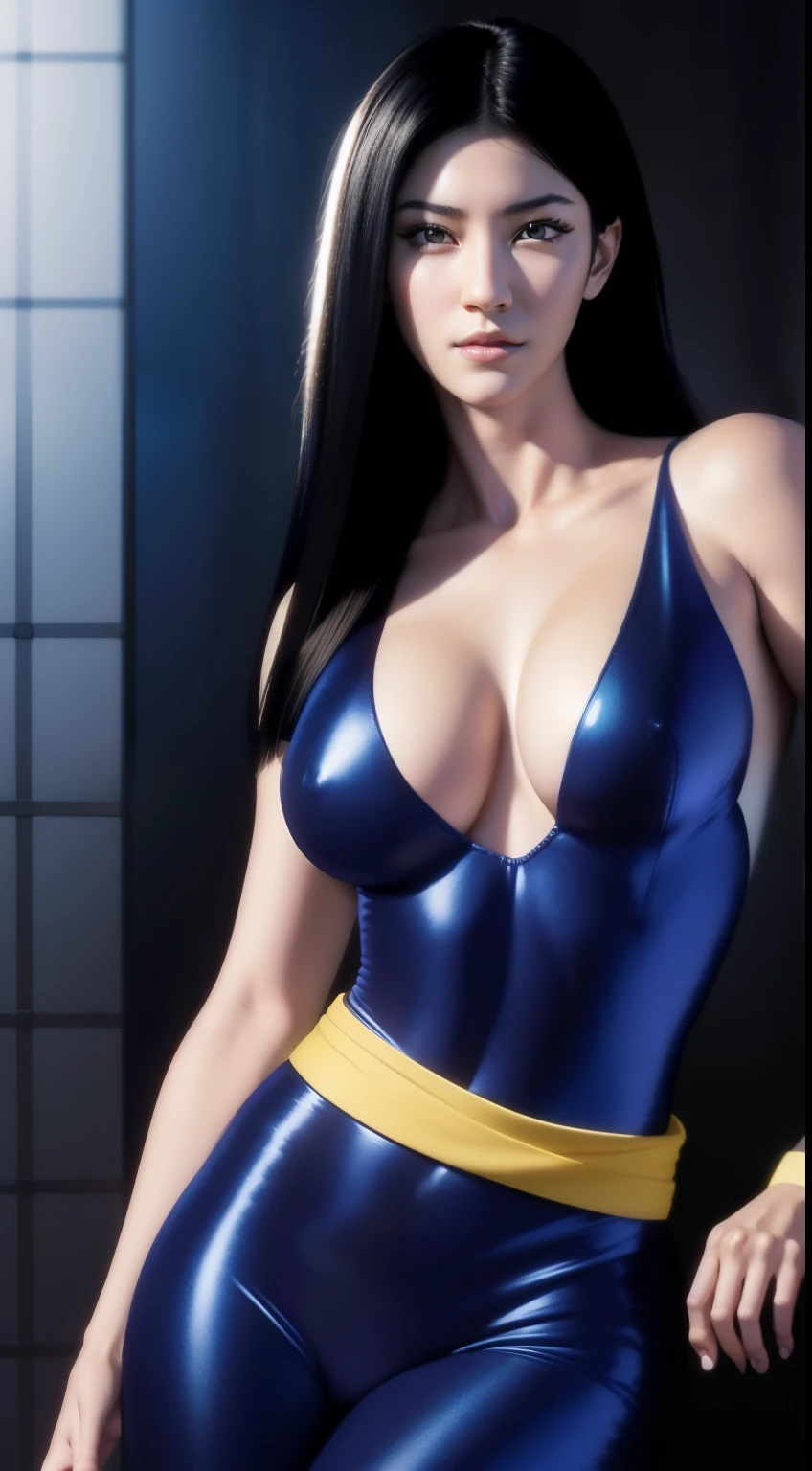 masterpiece, best quality, highly detailed, ultra high resolution, (photorealistic: 1.8), unreal_engine, photography, realistic_skin_texture, wallpaper, 1 boy, hayato kasukabe, japanese face, (ultra detailed face), 8k, trending on artstation, highly detailed , best quality, ultra detailed, realistic, Hitomi Kisugi, 1 girl, beautiful girl, long black hair, beautiful detailed eyes, beautiful detailed lips, eyelashes, beautiful eyes, beautiful brown eyes, detailed face, beautiful face, beautiful face, blue bodysuit, dressed in blue, off the shoulder, a thin yellow sash around the waist, bright colors, HDR, studio lighting, sharp focus, in action towards the spectator, posing towards the spectator.