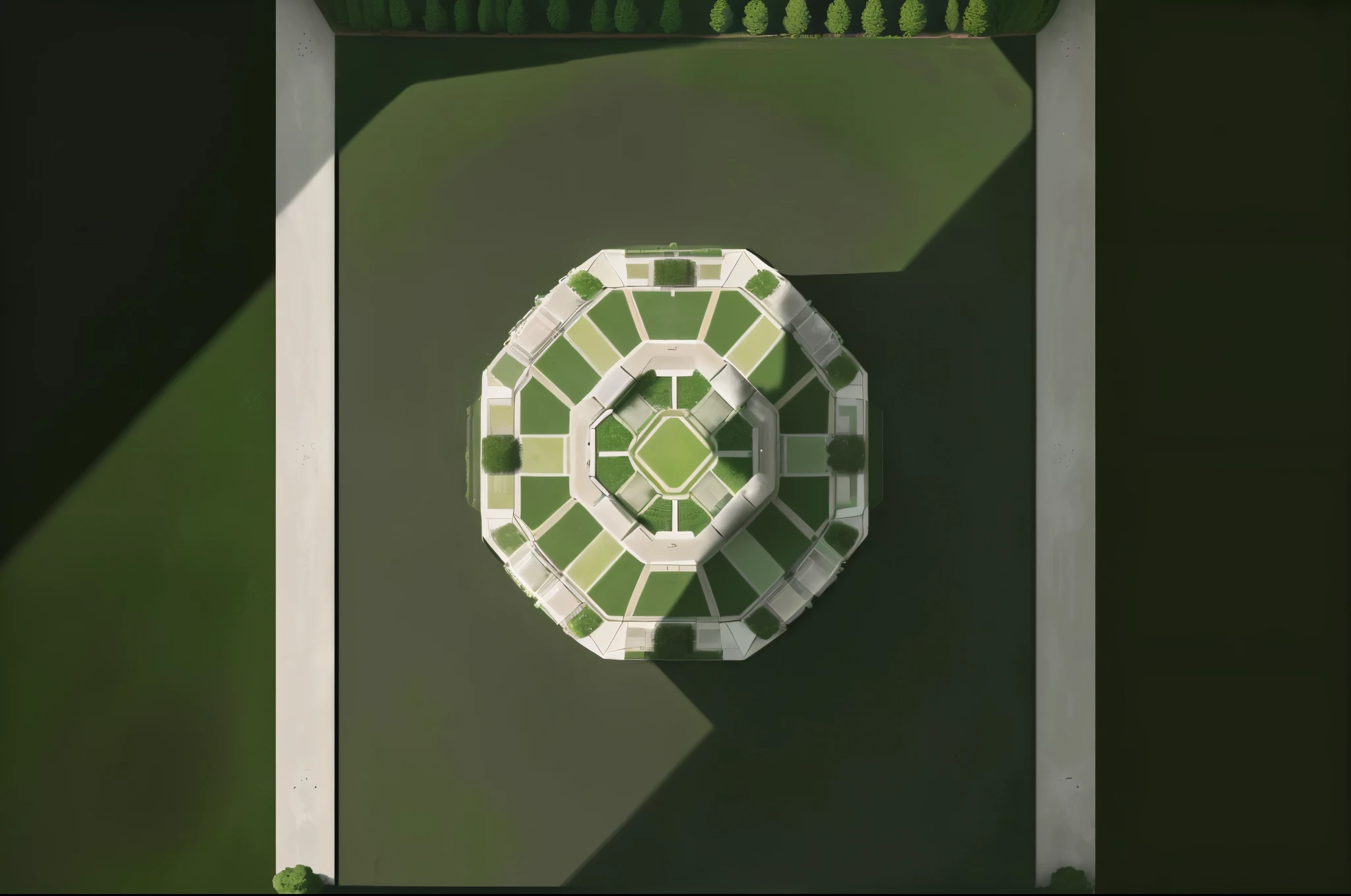 a view of a stadium with a green field and a white field, symmetrical outpost, ( ( dark green, a round minimalist behind, top - view, imperial symbol, top view, jade, top-down view, top - down view, hexagonal planetary space base, inspired by Tōshi Yoshida, a high angle shot, symmetrical detail