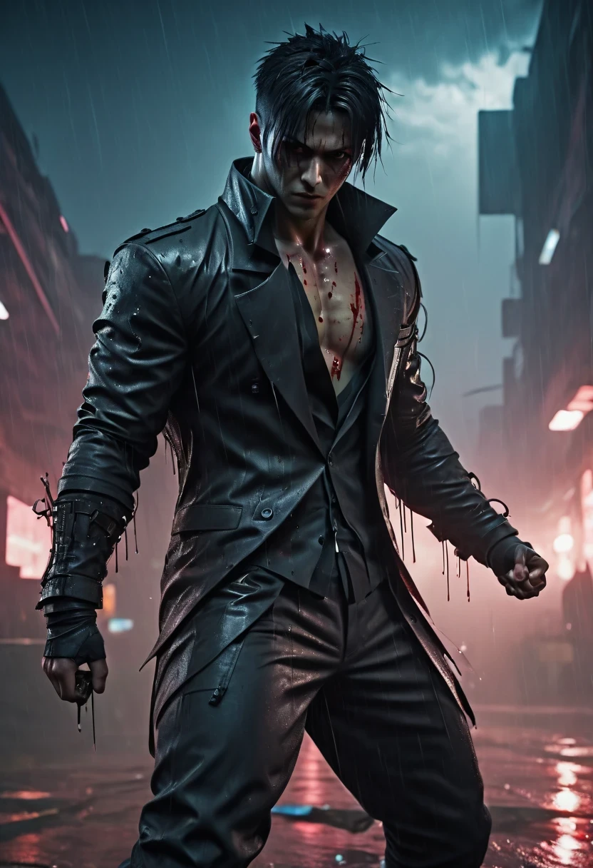 sh4g0d 风格cyberpunk特工,There is a sword on his back, wearing black suit, ,(Strong dynamic stance:1.5),(struggle:1.3),(blood spatter),Strong,His face is very determined,rainy night,rainstorm,hazy atmosphere. An atmosphere full of mystery and intrigue. cyberpunk, 8k, super detailed, precise, best quality