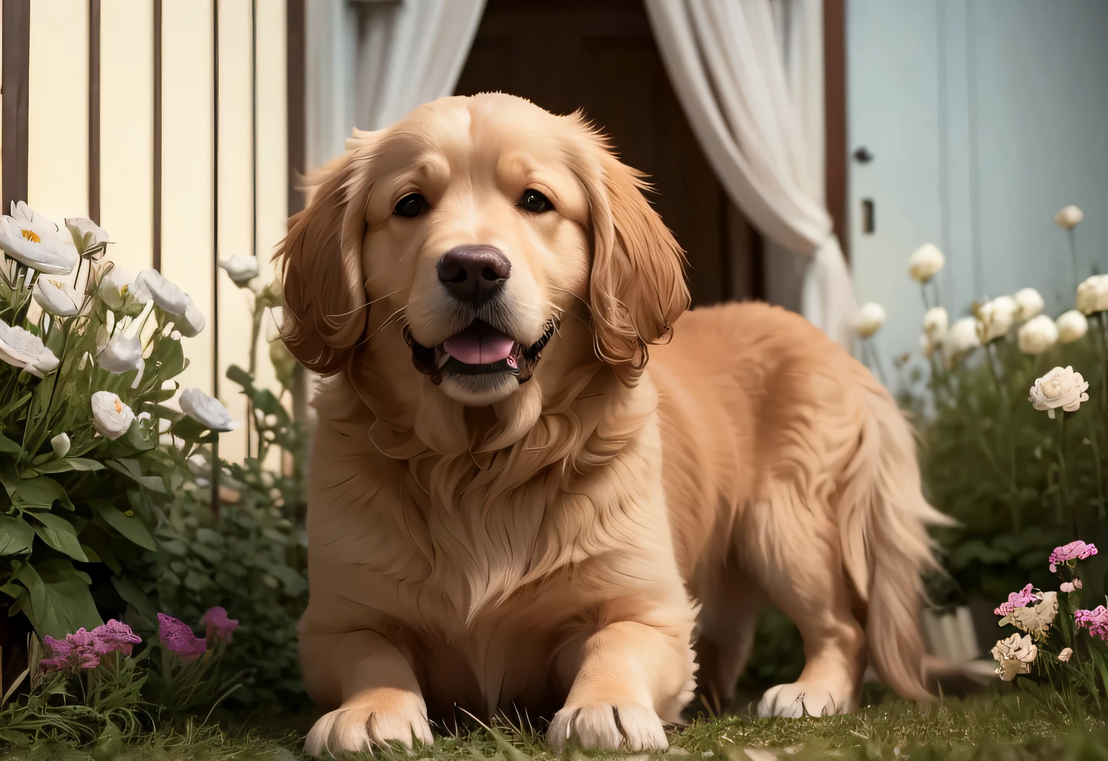fat cute golden retriever eating with a belly, Bichon frise, lovable, champagne dog, full body champagne dog hair, dog eyes, light blue eye, sit, during the day, sitting on the prairie, filled with beautiful flowers, long hair, beautiful detailed eyes, extremely detailed eyes and face, light on face, cute, best quality, masterpiece, illustration, an extremely delicate and beautiful, extremely detailed ,CG ,unity ,8k wallpaper, Amazing, finely detail, masterpiece, best quality, official art, extremely detailed CG unity 8k wallpaper, ultra-detailed, highres, extremely detailed, (best quality), (realistic, photo-realistic:1.2), 8k, soft lighting, high quality, official art, extremely detailed CG unity 8k wallpaper, cinematic lighting.